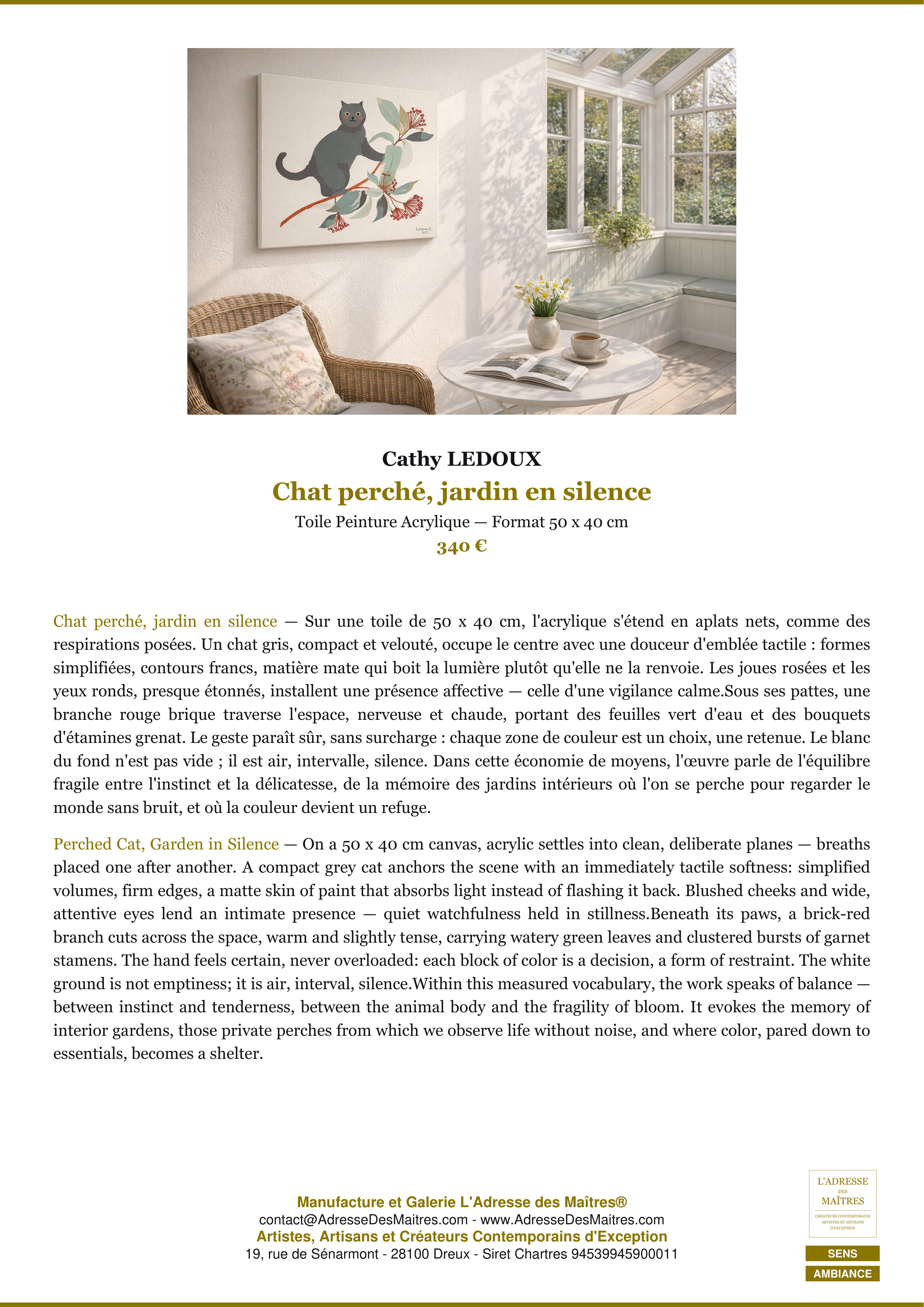 Ficha Premium Ambiente — Gato encaramado, jardín en silencio — Cathy LEDOUX — L'Adresse des Maîtres®