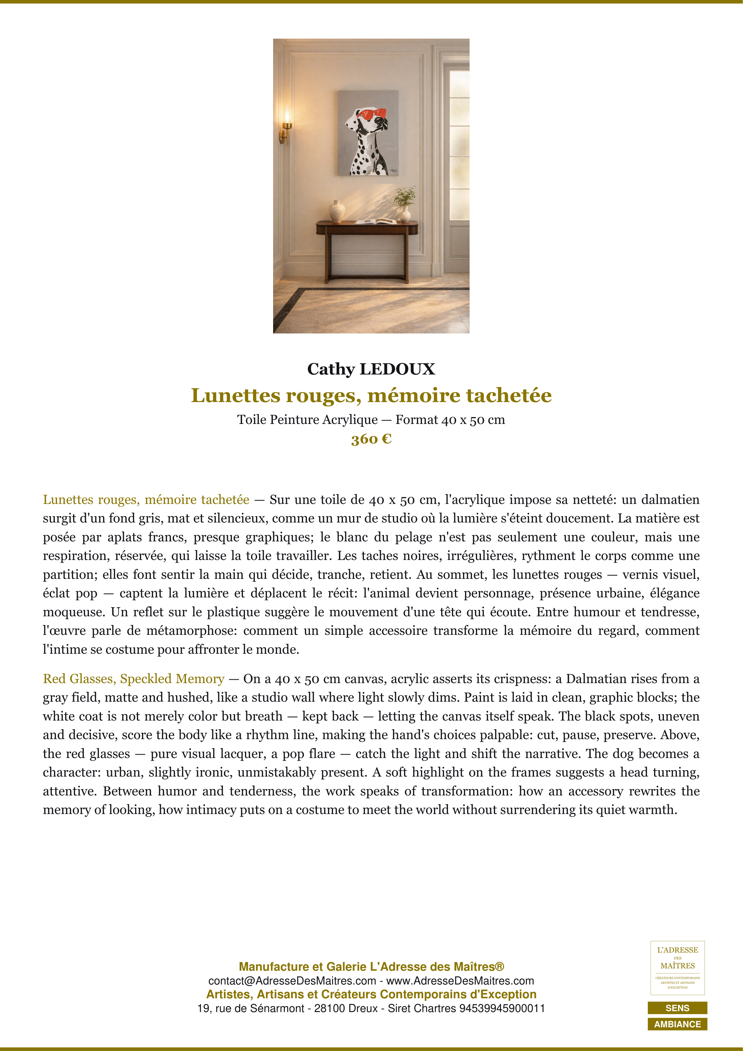 Fiche Premium Ambiance — Lunettes rouges, mémoire tachetée — Cathy LEDOUX — L'Adresse des Maîtres®