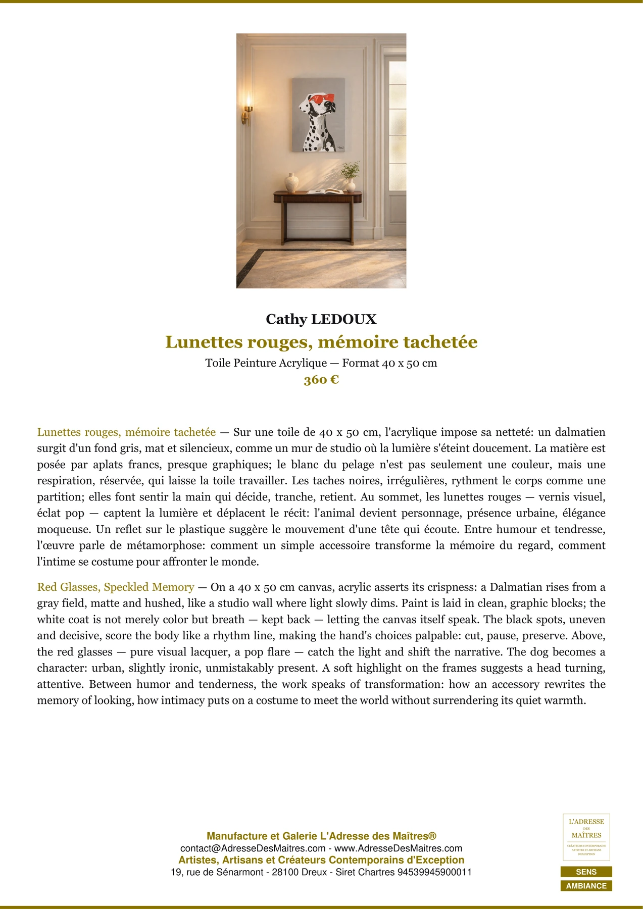 Fiche Premium Ambiance - Lunettes rouges, mémoire tachetée - Cathy LEDOUX - L'Adresse des Maîtres®