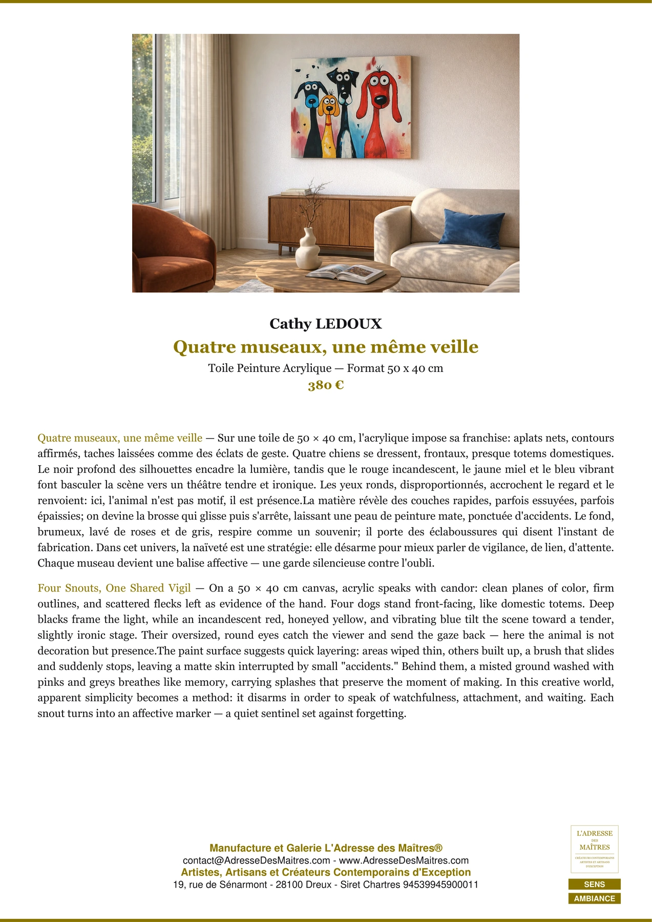 Fiche Premium Ambiance - Quatre museaux, une même veille - Cathy LEDOUX - L'Adresse des Maîtres®