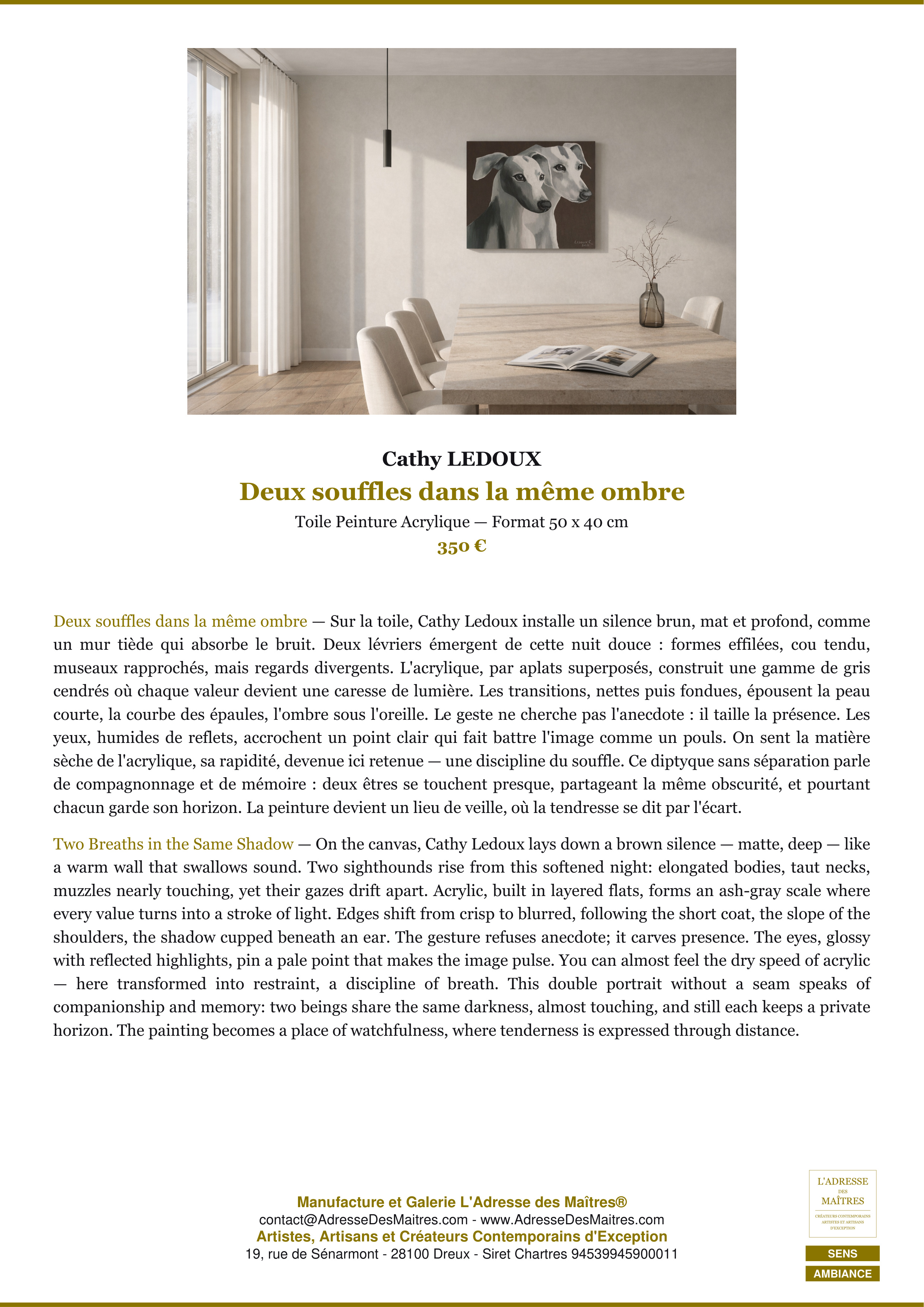 Fiche Premium Ambiance — Deux souffles dans la même ombre — Cathy LEDOUX — L'Adresse des Maîtres®