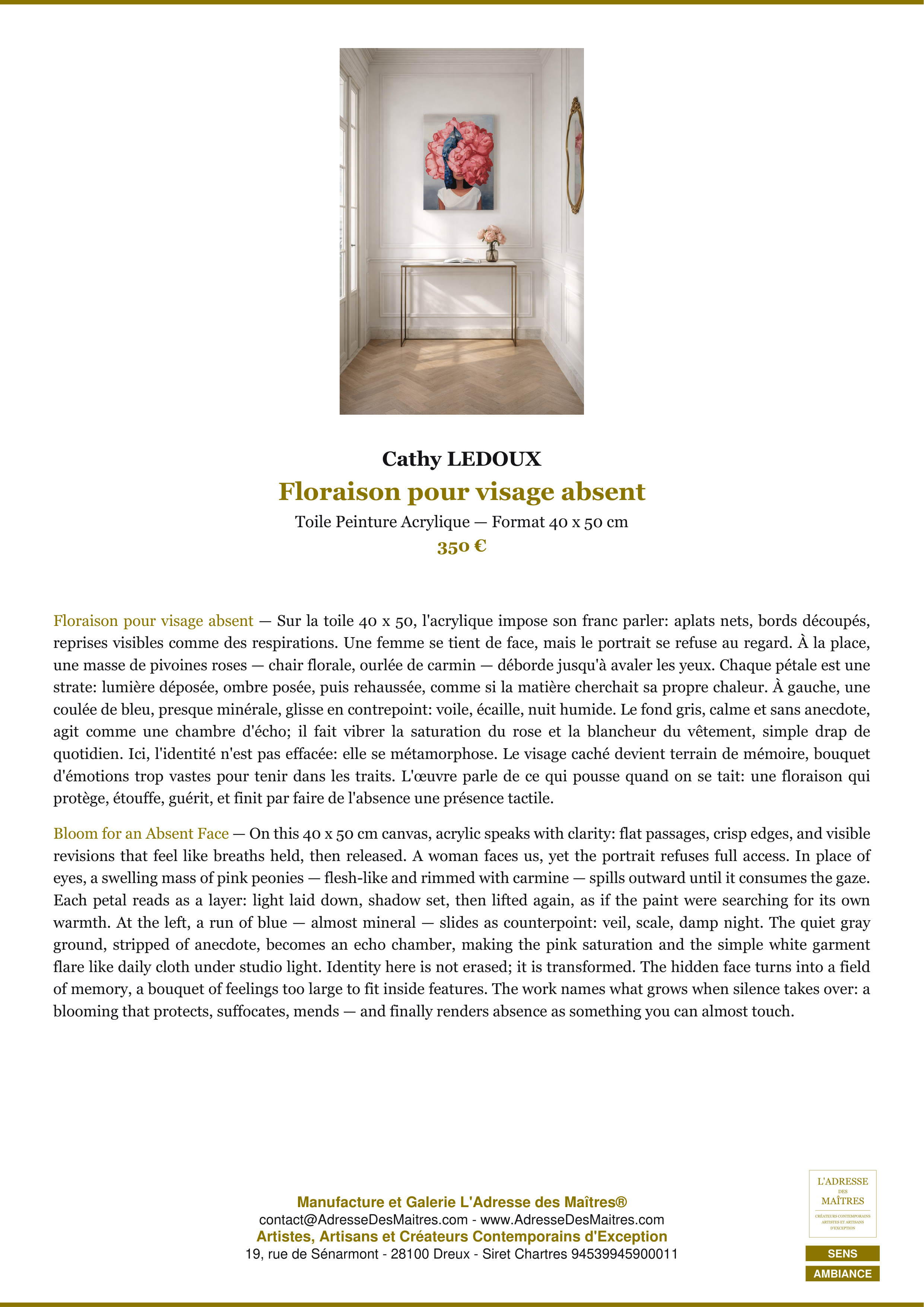 Fiche Premium Ambiance — Floraison pour visage absent — Cathy LEDOUX — L'Adresse des Maîtres®