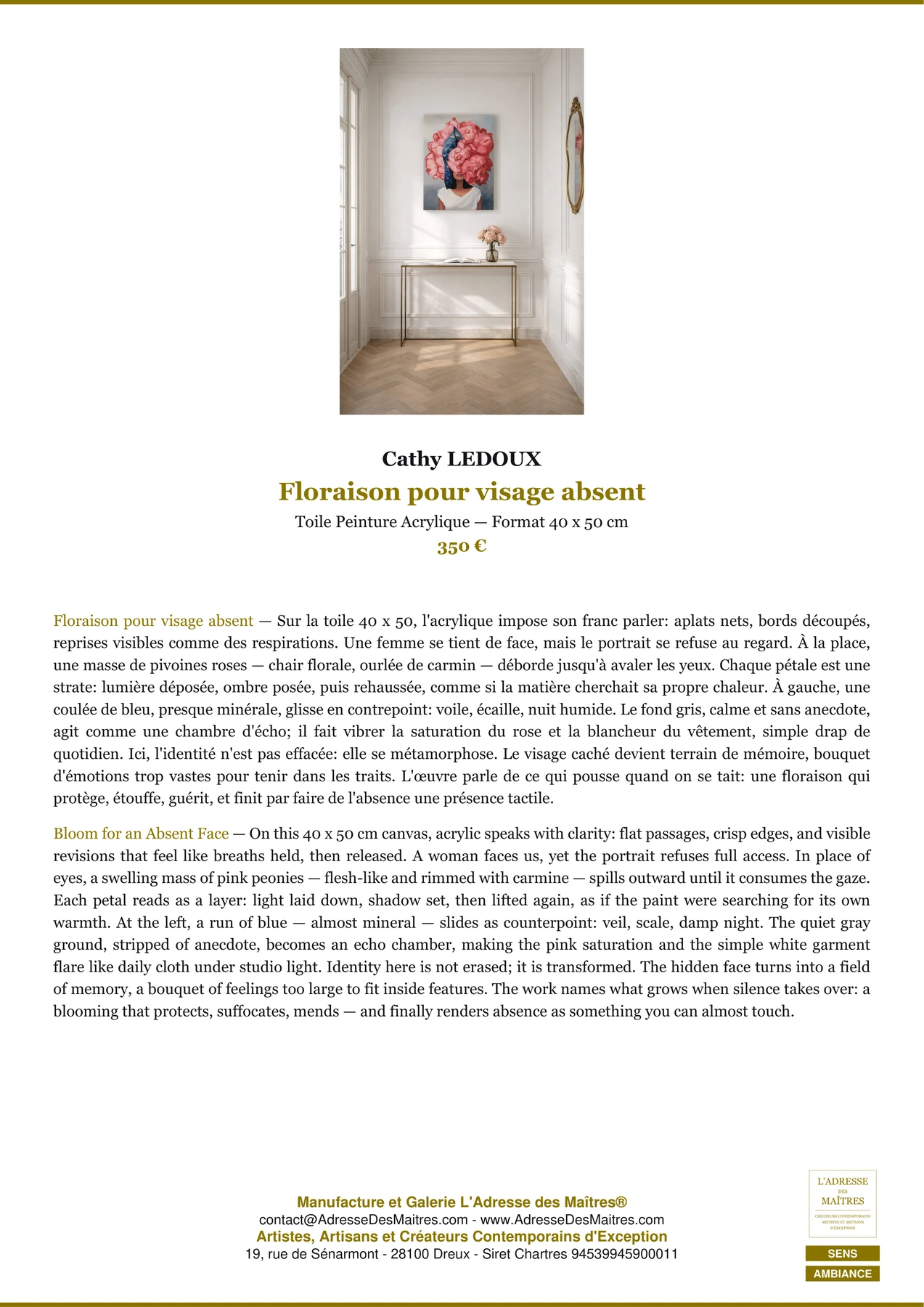 Fiche Premium Ambiance - Floraison pour visage absent - Cathy LEDOUX - L'Adresse des Maîtres®