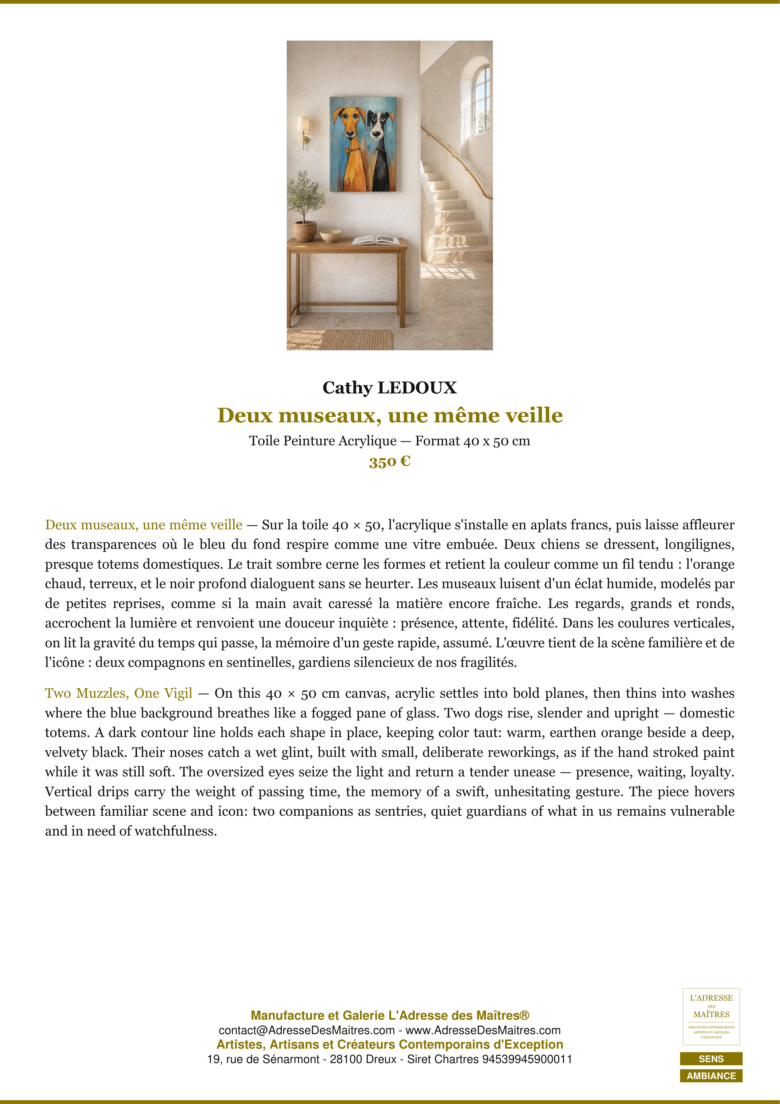 Fiche Premium Ambiance — Deux museaux, une même veille — Cathy LEDOUX — L'Adresse des Maîtres®