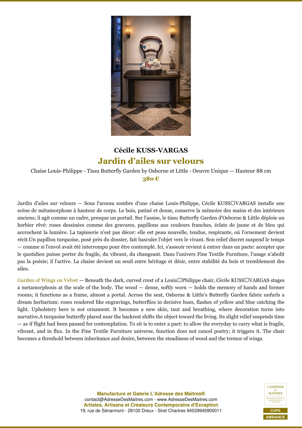 Fiche Premium Ambiance - Jardin d’ailes sur velours - Cécile KUSS-VARGAS - L'Adresse des Maîtres®