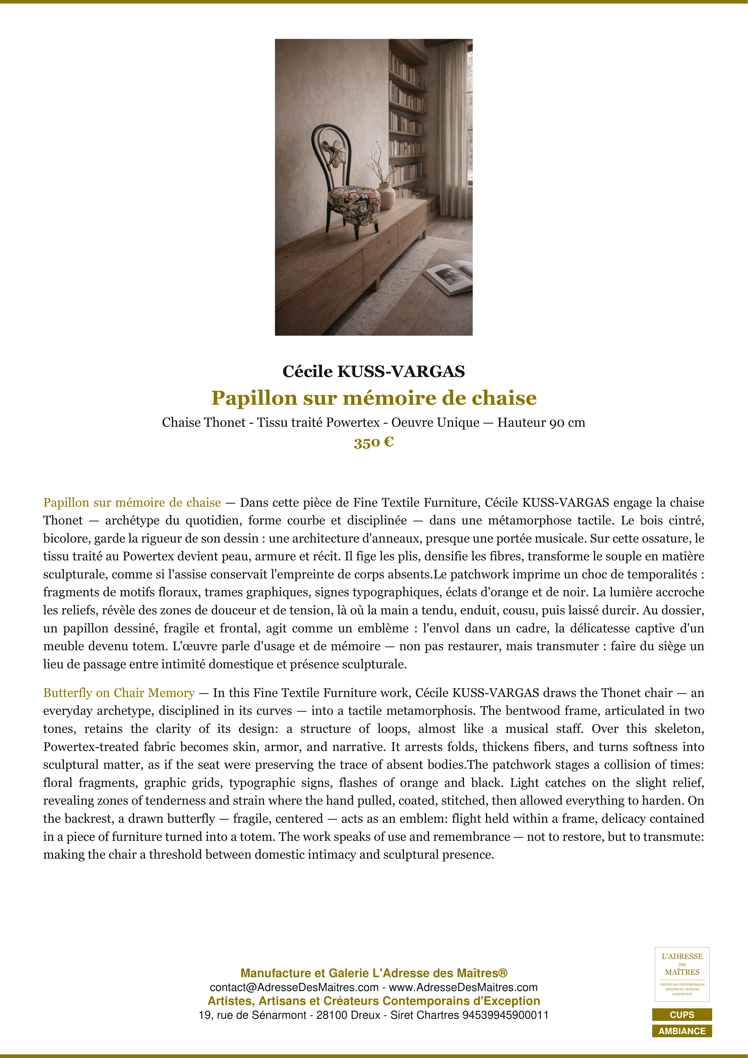 Fiche Premium Ambiance — Papillon sur mémoire de chaise — Cécile KUSS-VARGAS — L'Adresse des Maîtres®