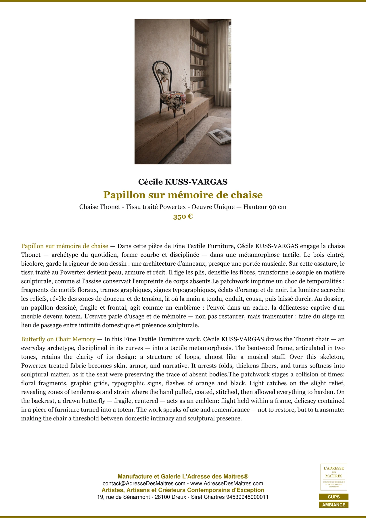 Fiche Premium Ambiance - Papillon sur mémoire de chaise - Cécile KUSS-VARGAS - L'Adresse des Maîtres®