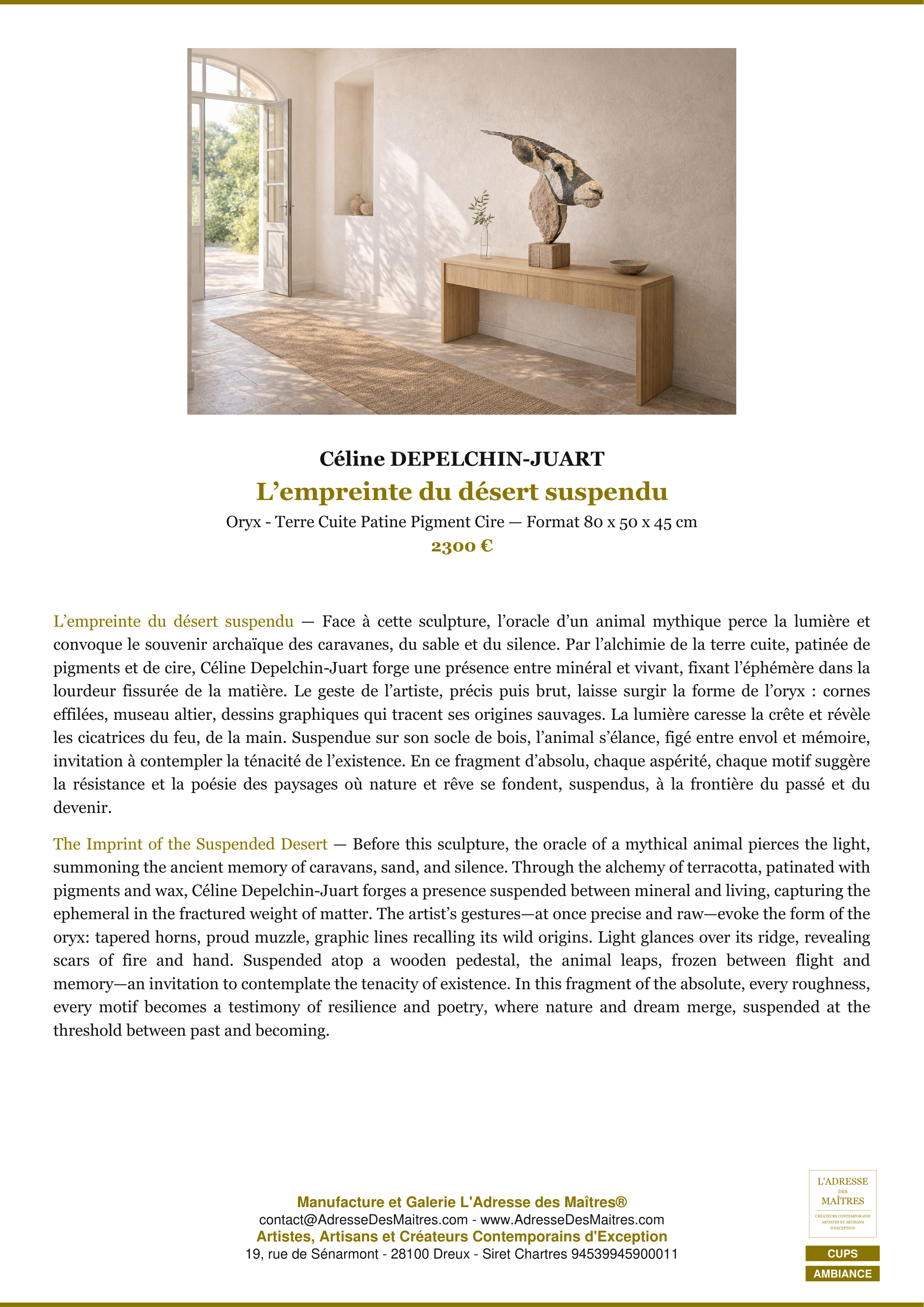 Ficha Premium Ambiance — La huella del desierto suspendido — Céline DEPELCHIN-JUART — L'Adresse des Maîtres®