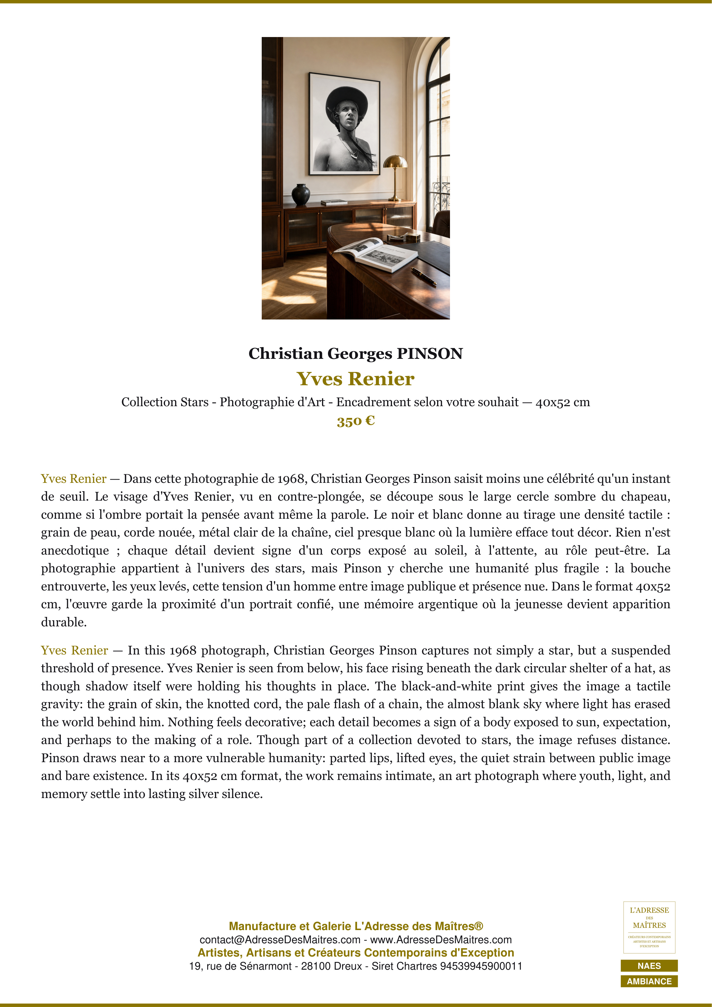 Fiche Premium Ambiance — Yves Renier — Christian Georges PINSON — L'Adresse des Maîtres®