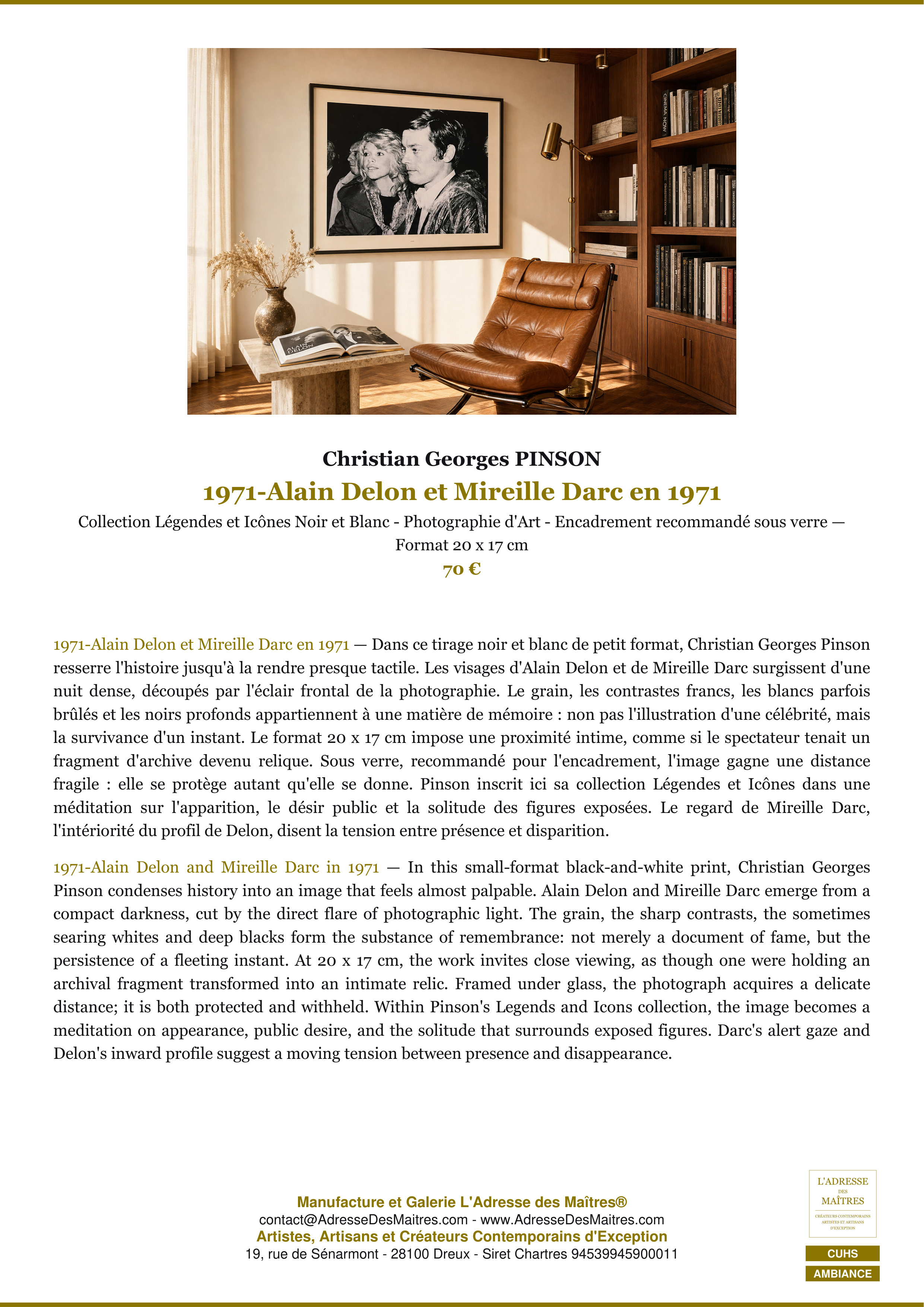 Fiche Premium Ambiance — 1971-Alain Delon et Mireille Darc en 1971 — Christian Georges PINSON — L'Adresse des Maîtres®