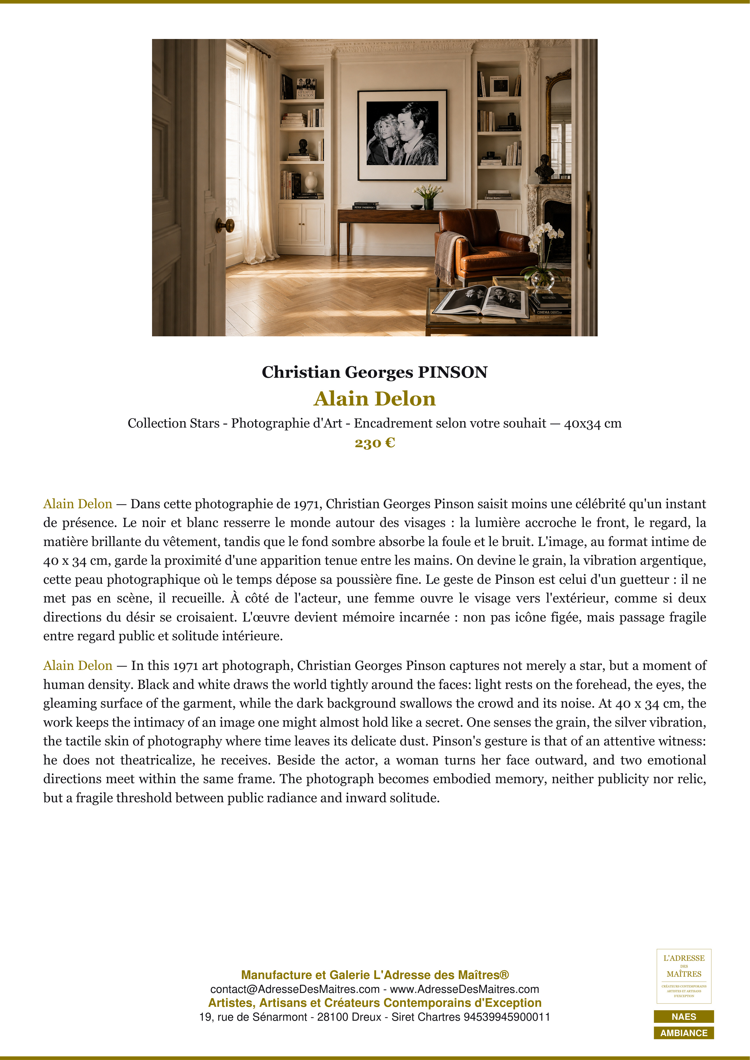 Fiche Premium Ambiance — Alain Delon — Christian Georges PINSON — L'Adresse des Maîtres®