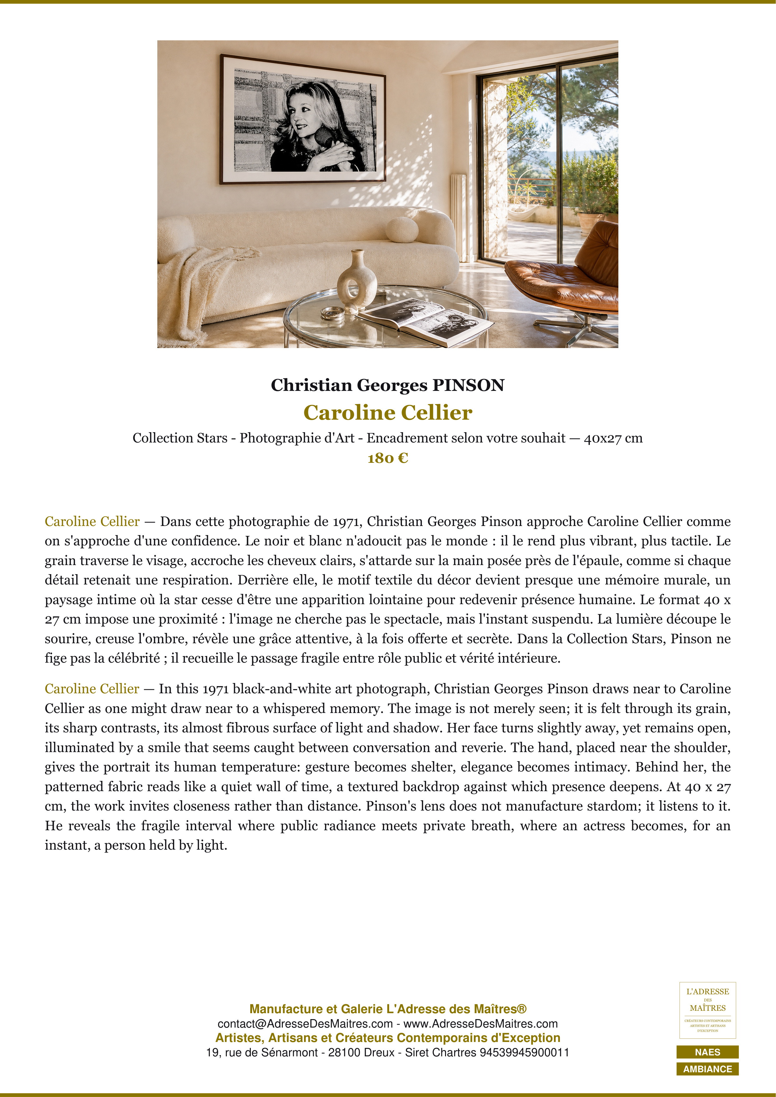 Fiche Premium Ambiance — Caroline Cellier — Christian Georges PINSON — L'Adresse des Maîtres®