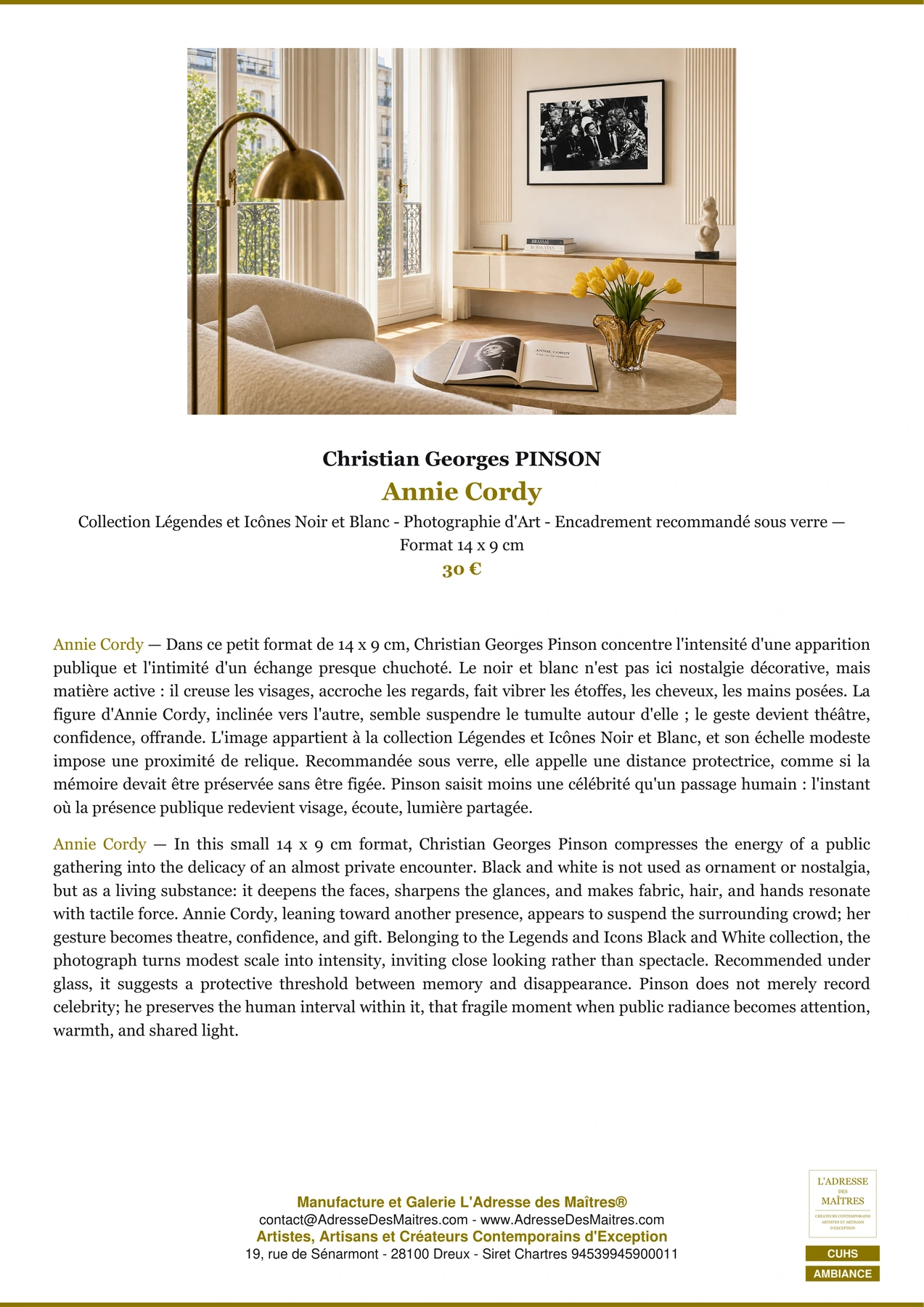 Fiche Premium Ambiance - Annie Cordy - Christian Georges PINSON - L'Adresse des Maîtres®