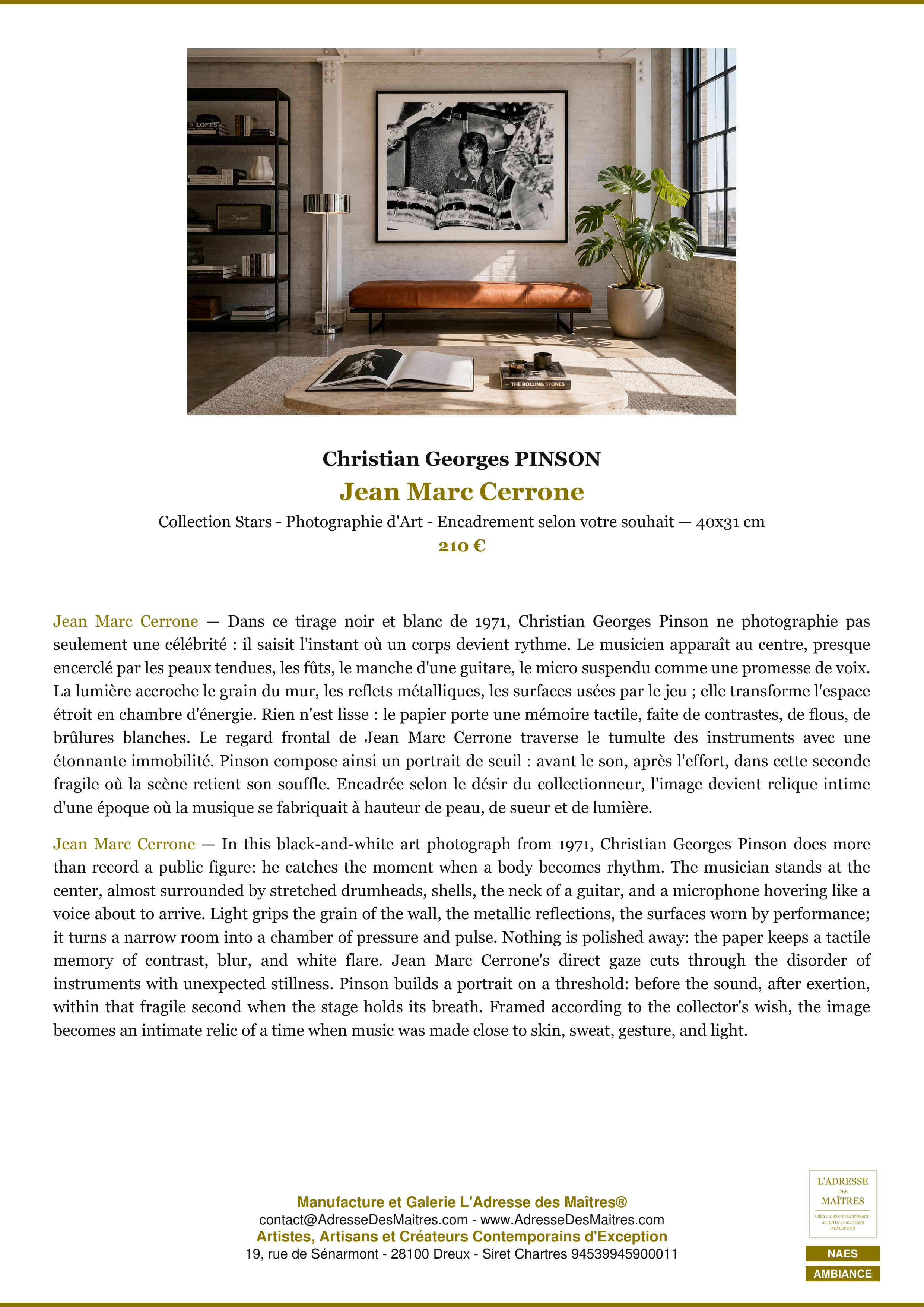 Fiche Premium Ambiance — Jean Marc Cerrone — Christian Georges PINSON — L'Adresse des Maîtres®