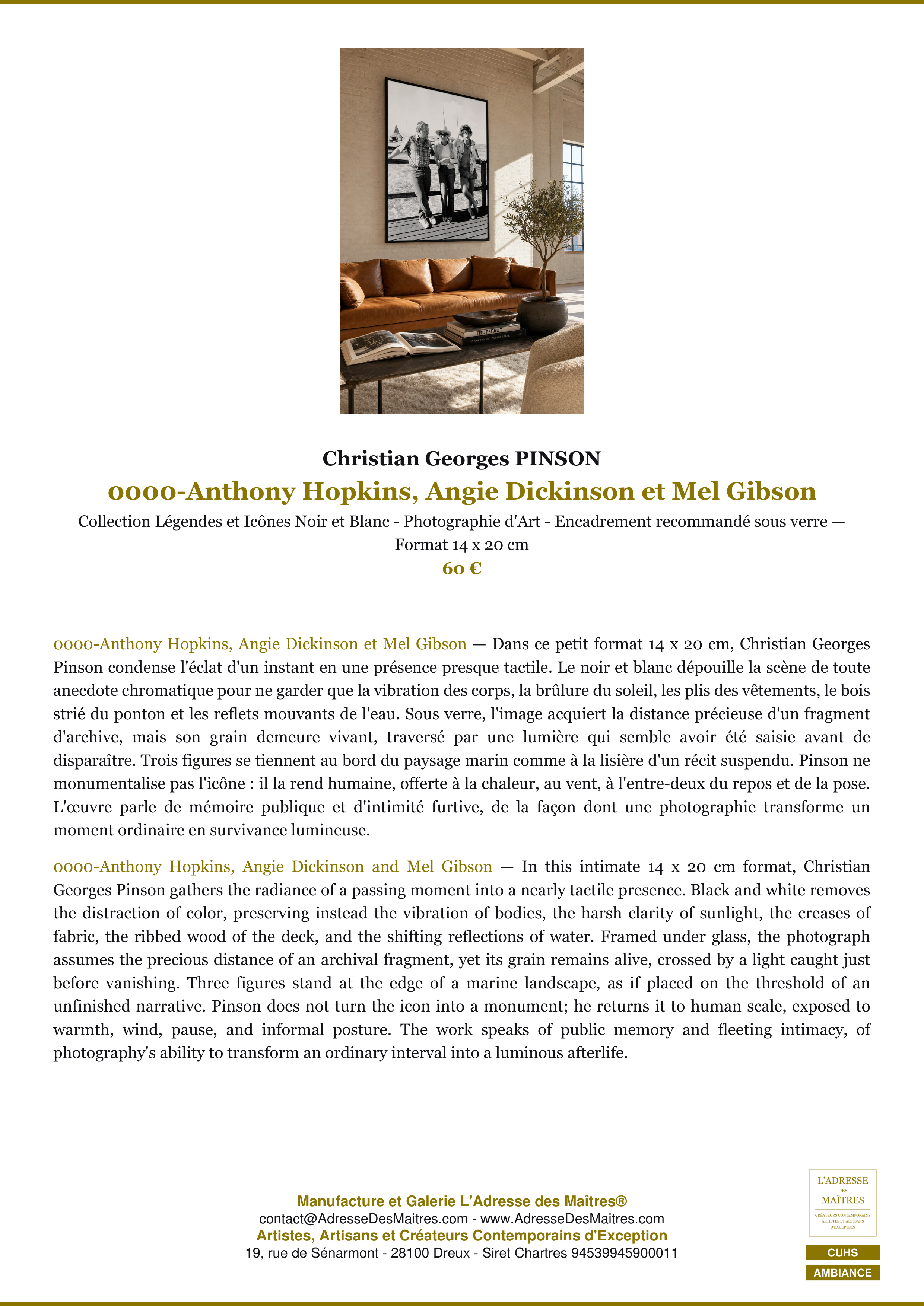 Fiche Premium Ambiance — 0000-Anthony Hopkins, Angie Dickinson et Mel Gibson — Christian Georges PINSON — L'Adresse des Maîtres®