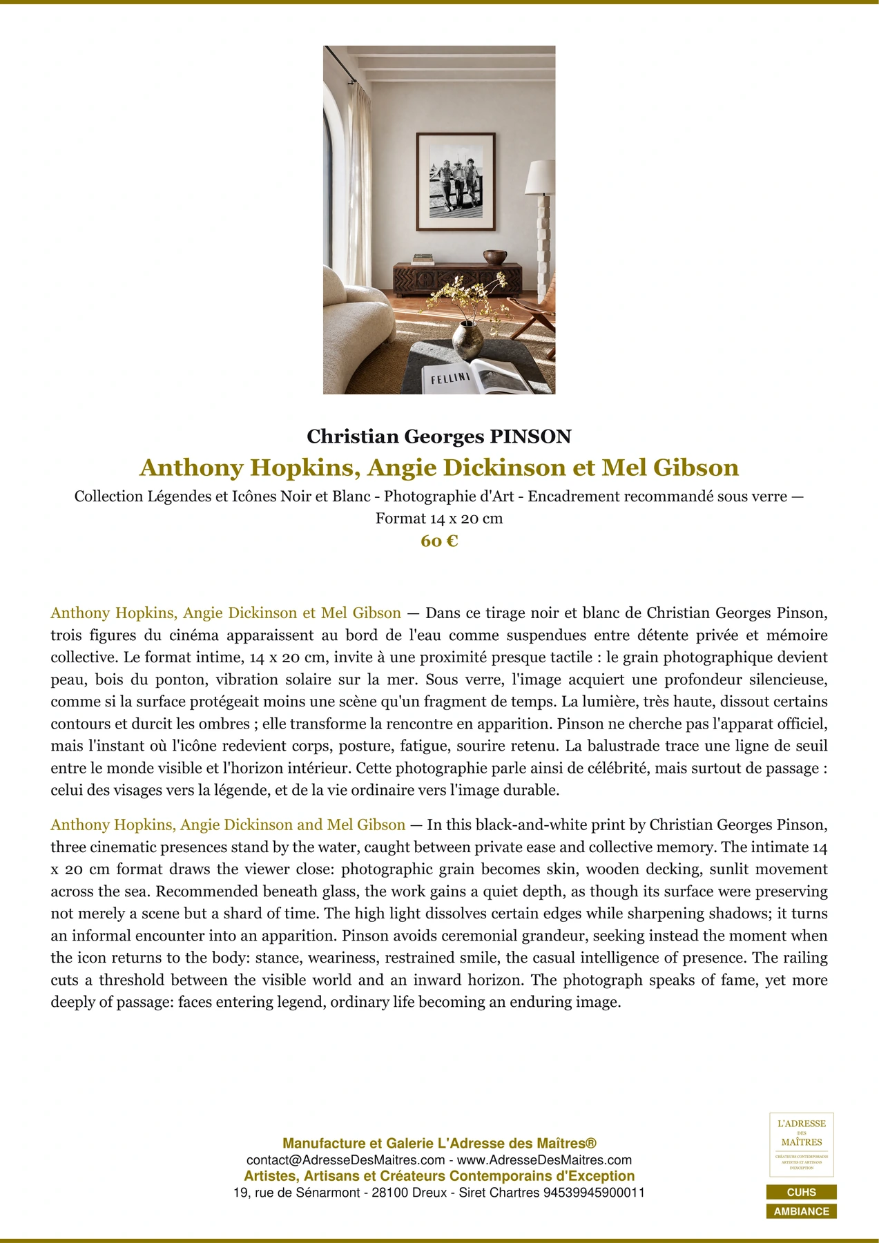Fiche Premium Ambiance - Anthony Hopkins, Angie Dickinson et Mel Gibson - Christian Georges PINSON - L'Adresse des Maîtres®