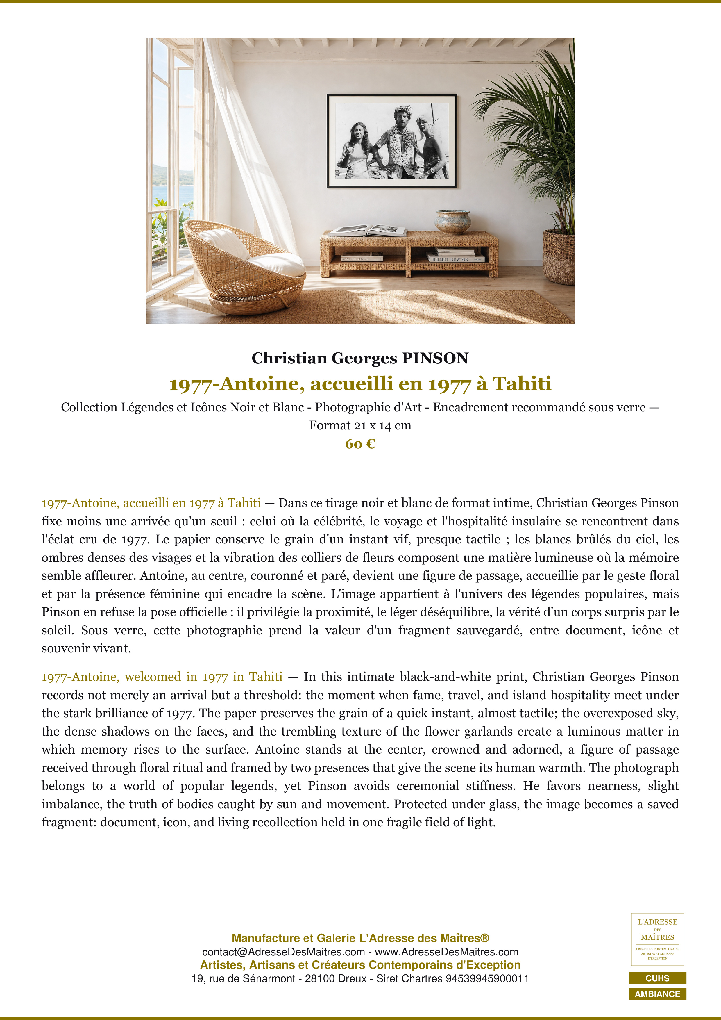 Fiche Premium Ambiance — 1977-Antoine, accueilli en 1977 à Tahiti — Christian Georges PINSON — L'Adresse des Maîtres®