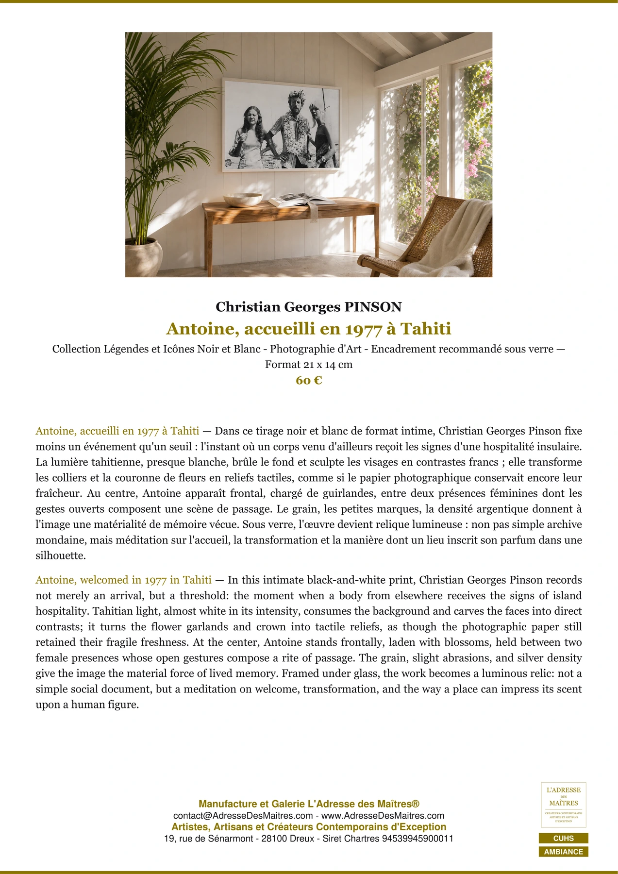 Fiche Premium Ambiance - Antoine, accueilli en 1977 à Tahiti - Christian Georges PINSON - L'Adresse des Maîtres®
