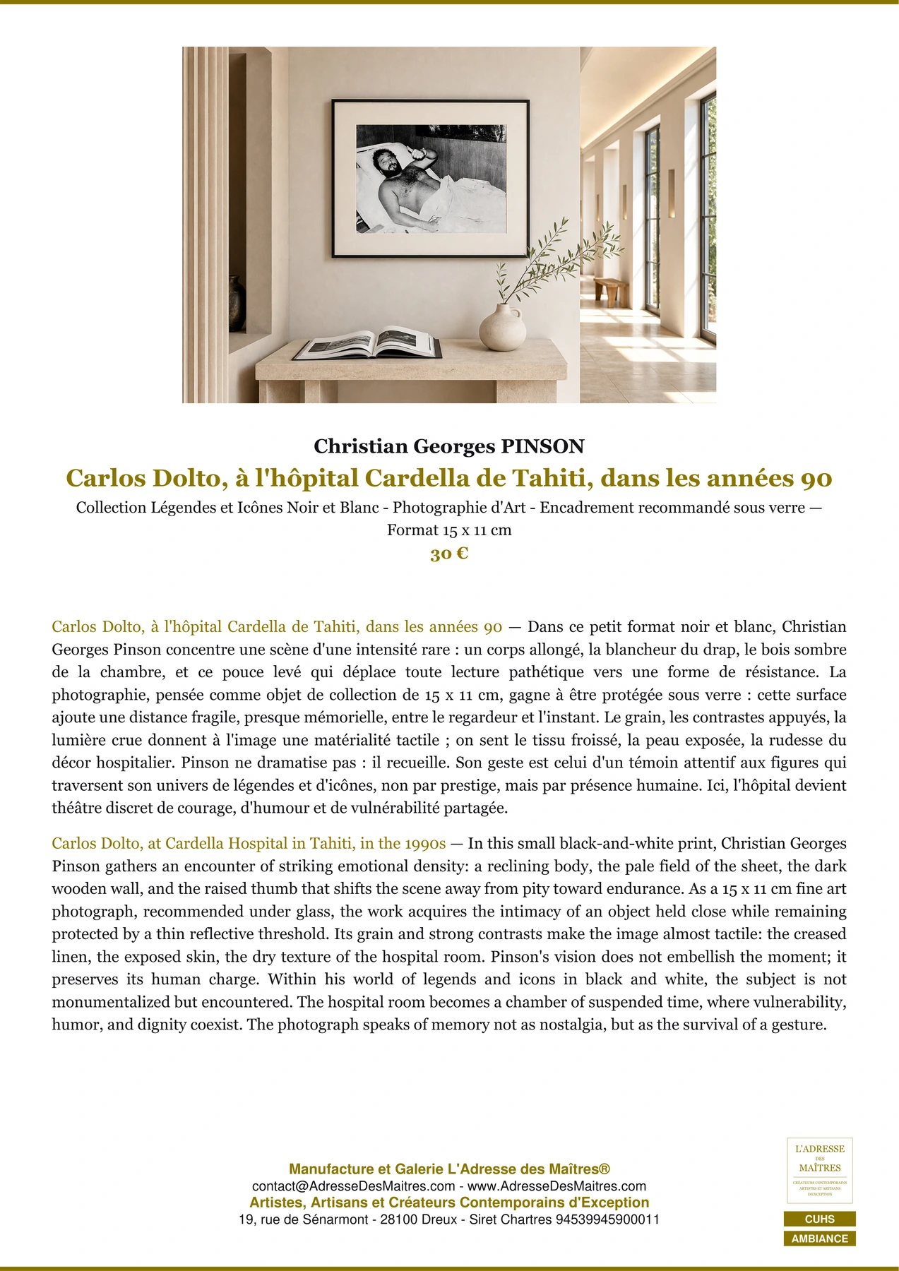 Fiche Premium Ambiance - Carlos Dolto, à l'hôpital Cardella de Tahiti, dans les années 90 - Christian Georges PINSON - L'Adresse des Maîtres®