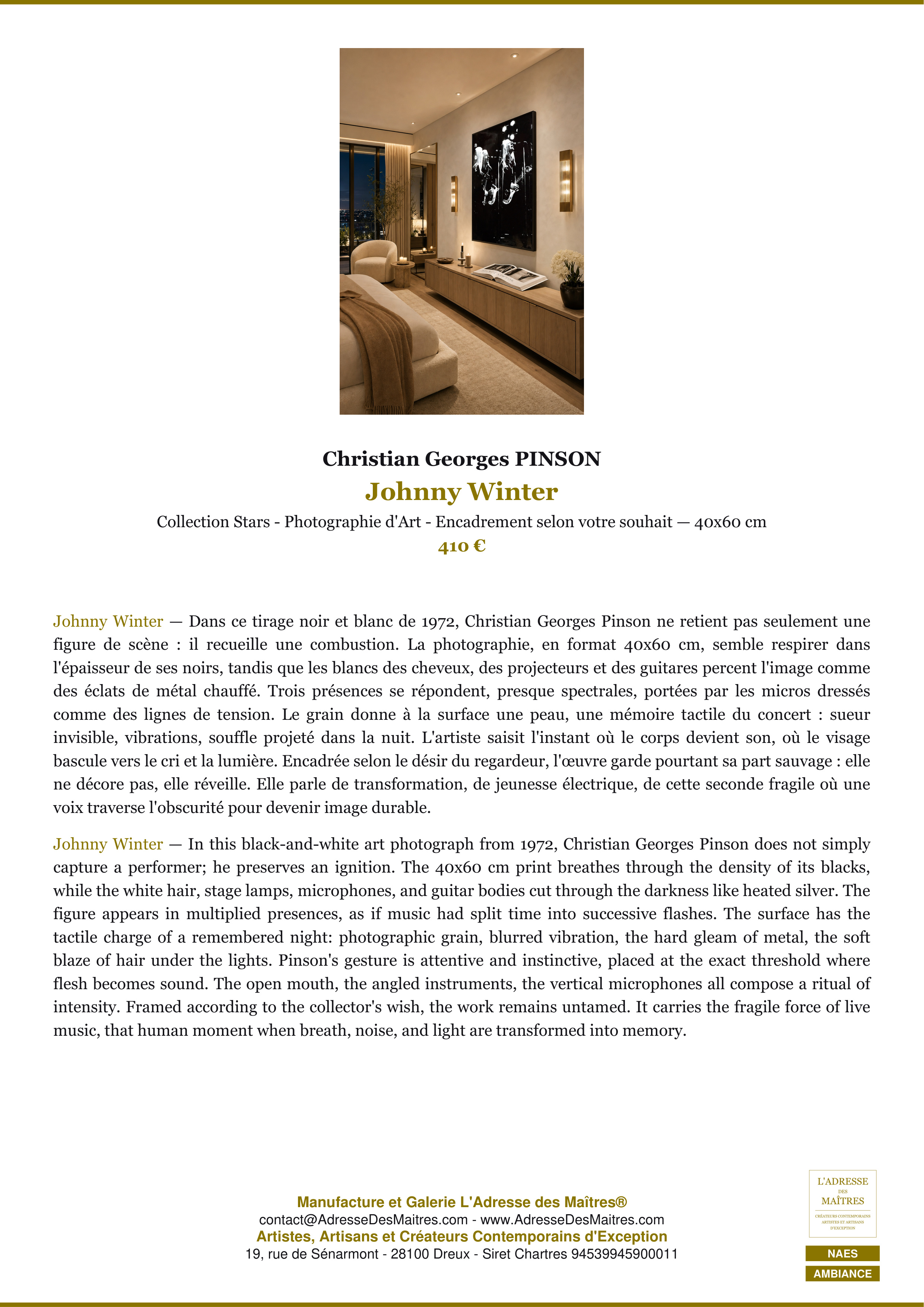 Fiche Premium Ambiance — Johnny Winter — Christian Georges PINSON — L'Adresse des Maîtres®