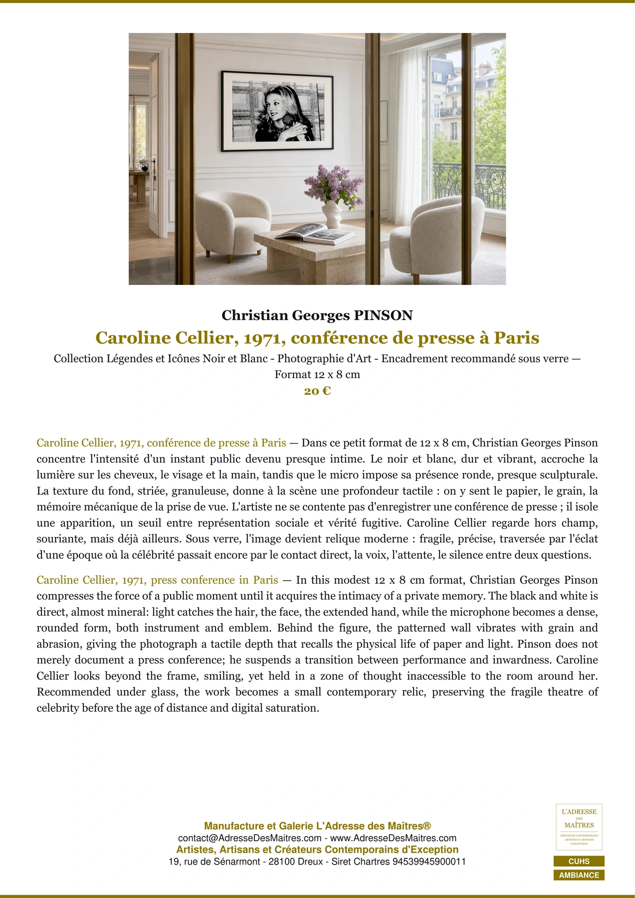 Fiche Premium Ambiance - Caroline Cellier, 1971, conférence de presse à Paris - Christian Georges PINSON - L'Adresse des Maîtres®