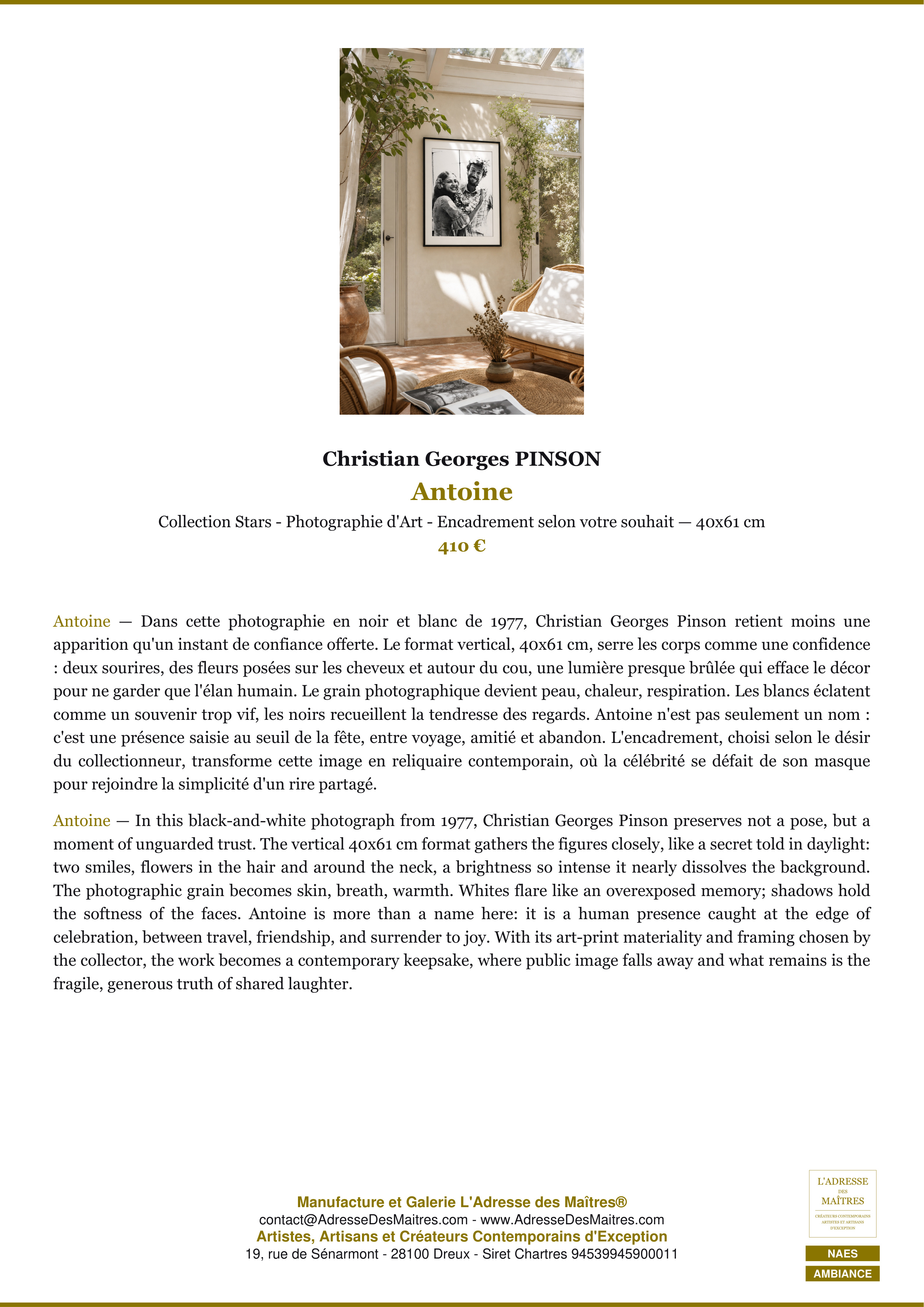 Fiche Premium Ambiance — Antoine — Christian Georges PINSON — L'Adresse des Maîtres®