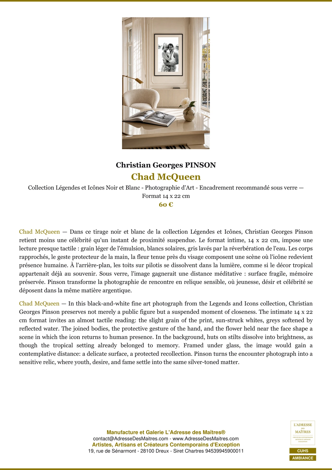 Fiche Premium Ambiance - Chad McQueen - Christian Georges PINSON - L'Adresse des Maîtres®