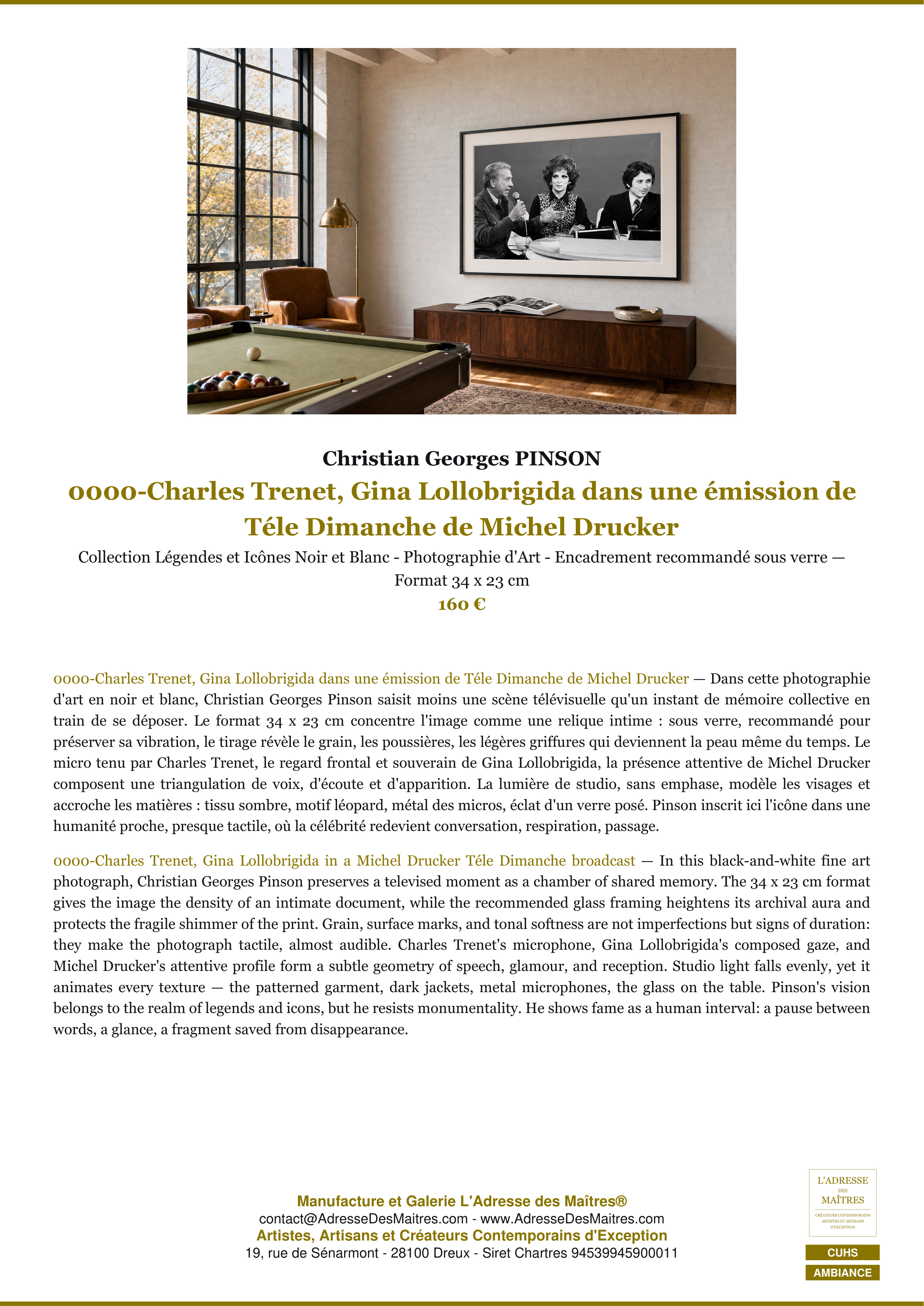 Fiche Premium Ambiance — 0000-Charles Trenet, Gina Lollobrigida dans une émission de Téle Dimanche de Michel Drucker — Christian Georges PINSON — L'Adresse des Maîtres®