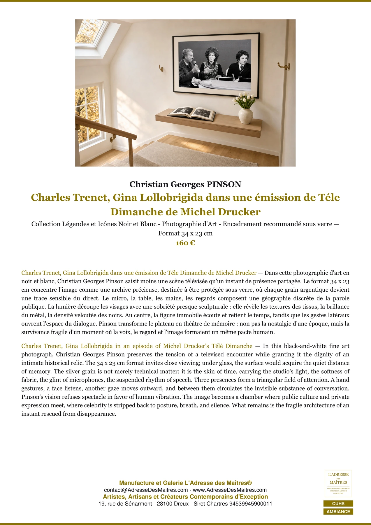 Fiche Premium Ambiance - Charles Trenet, Gina Lollobrigida dans une émission de Téle Dimanche de Michel Drucker - Christian Georges PINSON - L'Adresse des Maîtres®