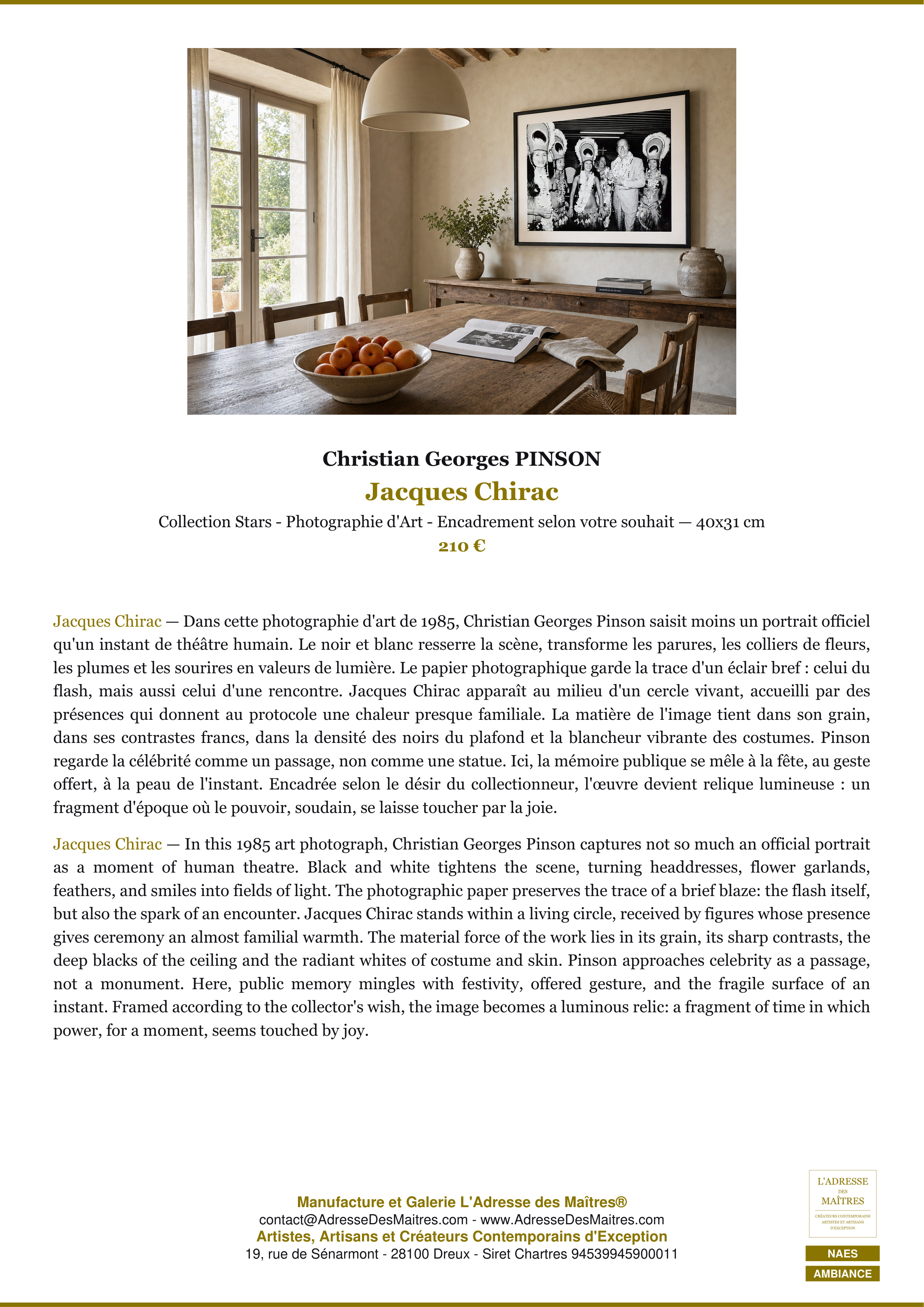 Fiche Premium Ambiance — Jacques Chirac — Christian Georges PINSON — L'Adresse des Maîtres®