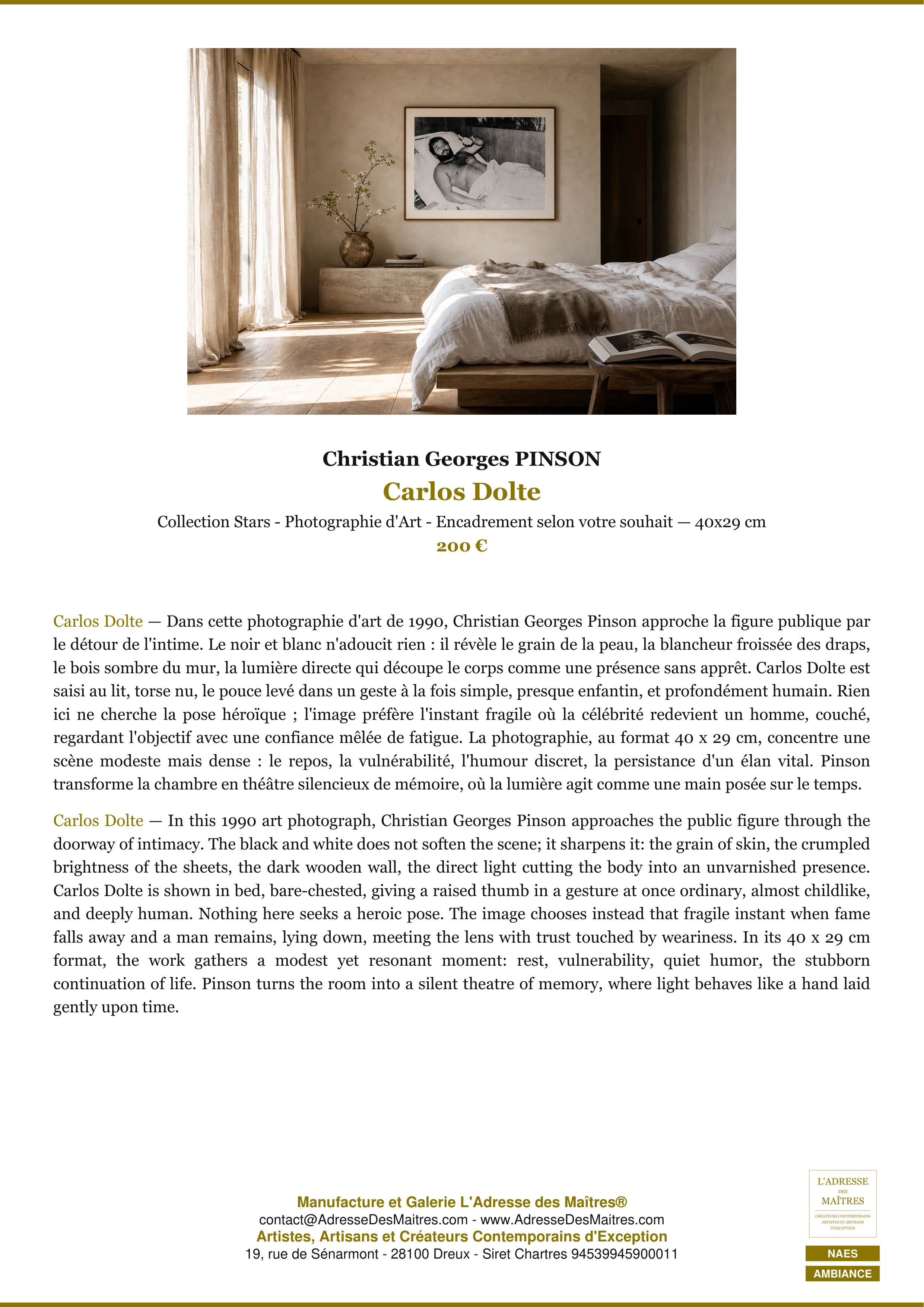 Fiche Premium Ambiance — Carlos Dolte — Christian Georges PINSON — L'Adresse des Maîtres®