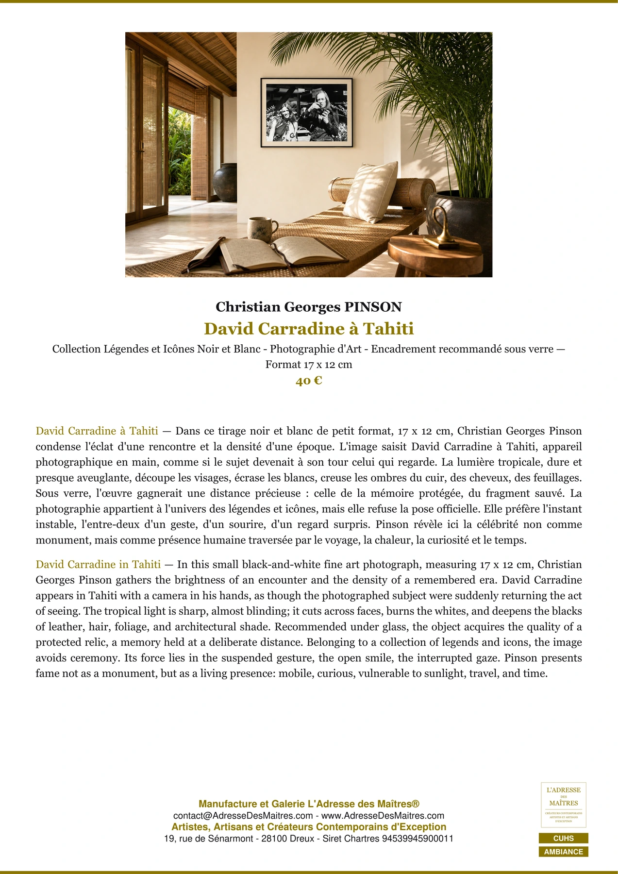 Fiche Premium Ambiance - David Carradine à Tahiti - Christian Georges PINSON - L'Adresse des Maîtres®