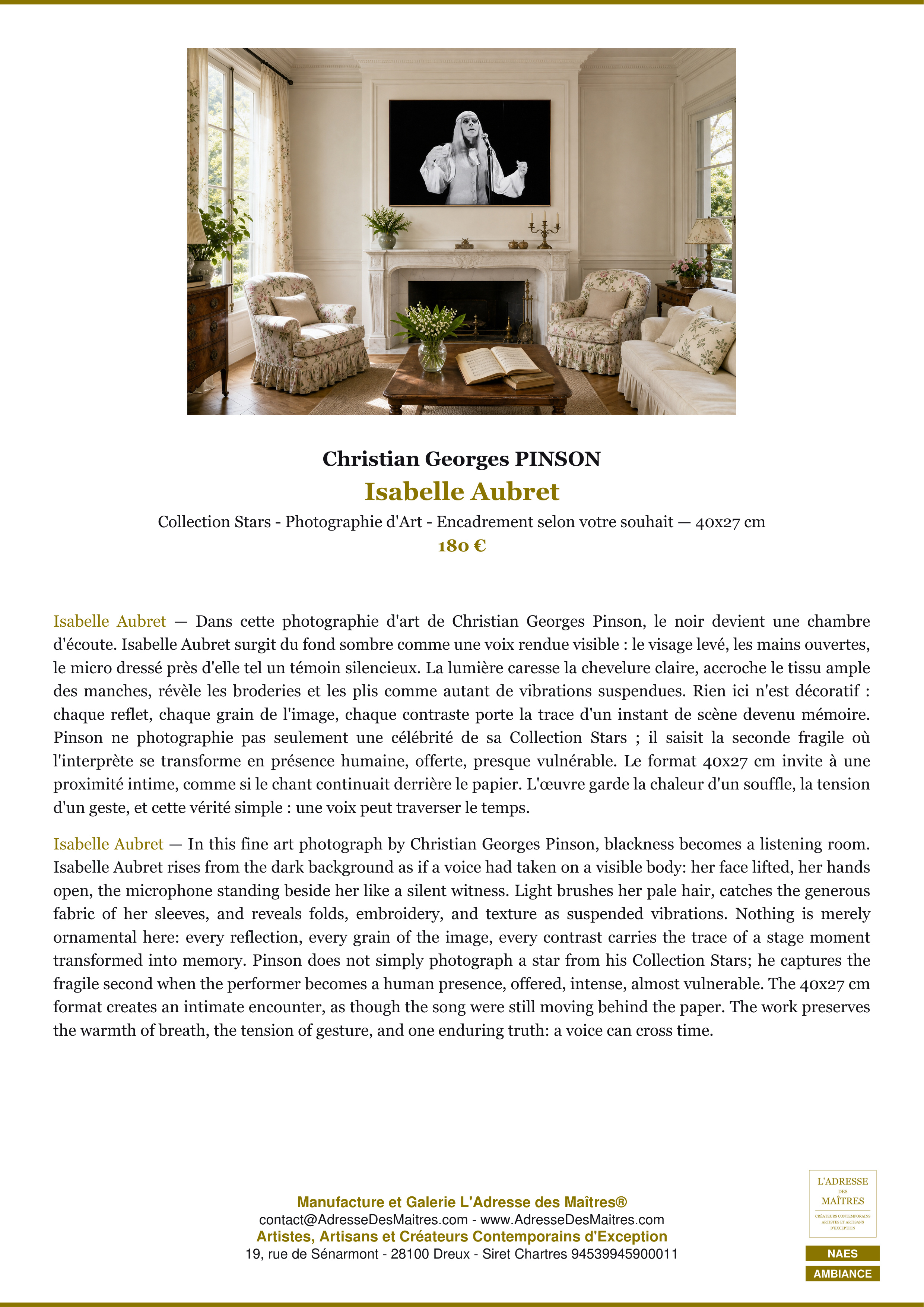 Fiche Premium Ambiance — Isabelle Aubret — Christian Georges PINSON — L'Adresse des Maîtres®
