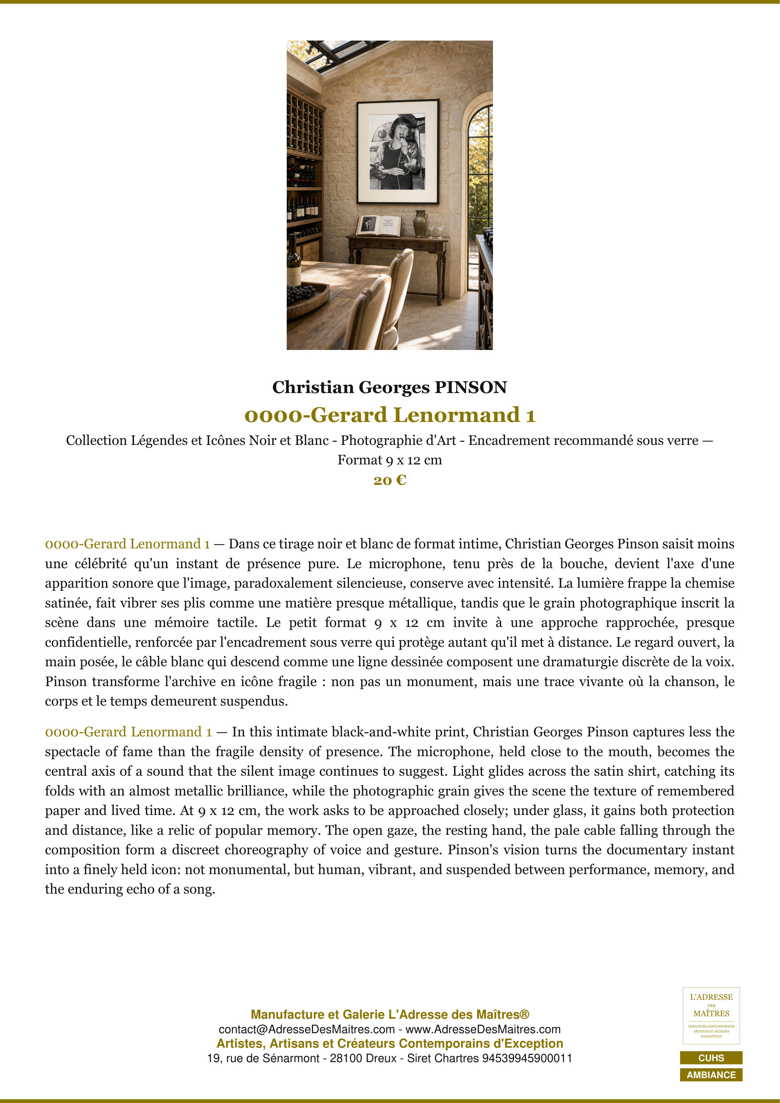 Fiche Premium Ambiance — 0000-Gerard Lenormand 1 — Christian Georges PINSON — L'Adresse des Maîtres®