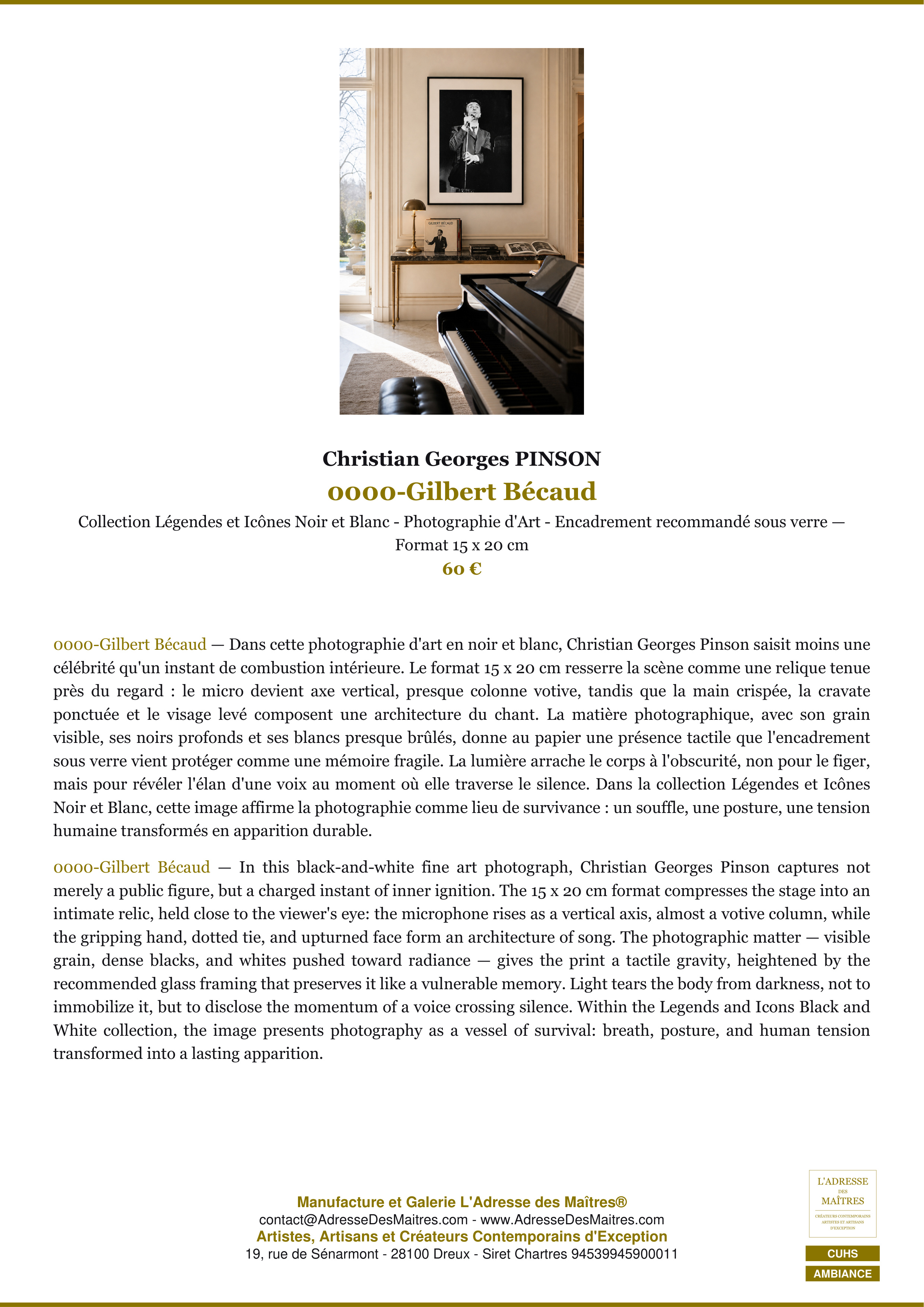 Fiche Premium Ambiance — 0000-Gilbert Bécaud — Christian Georges PINSON — L'Adresse des Maîtres®