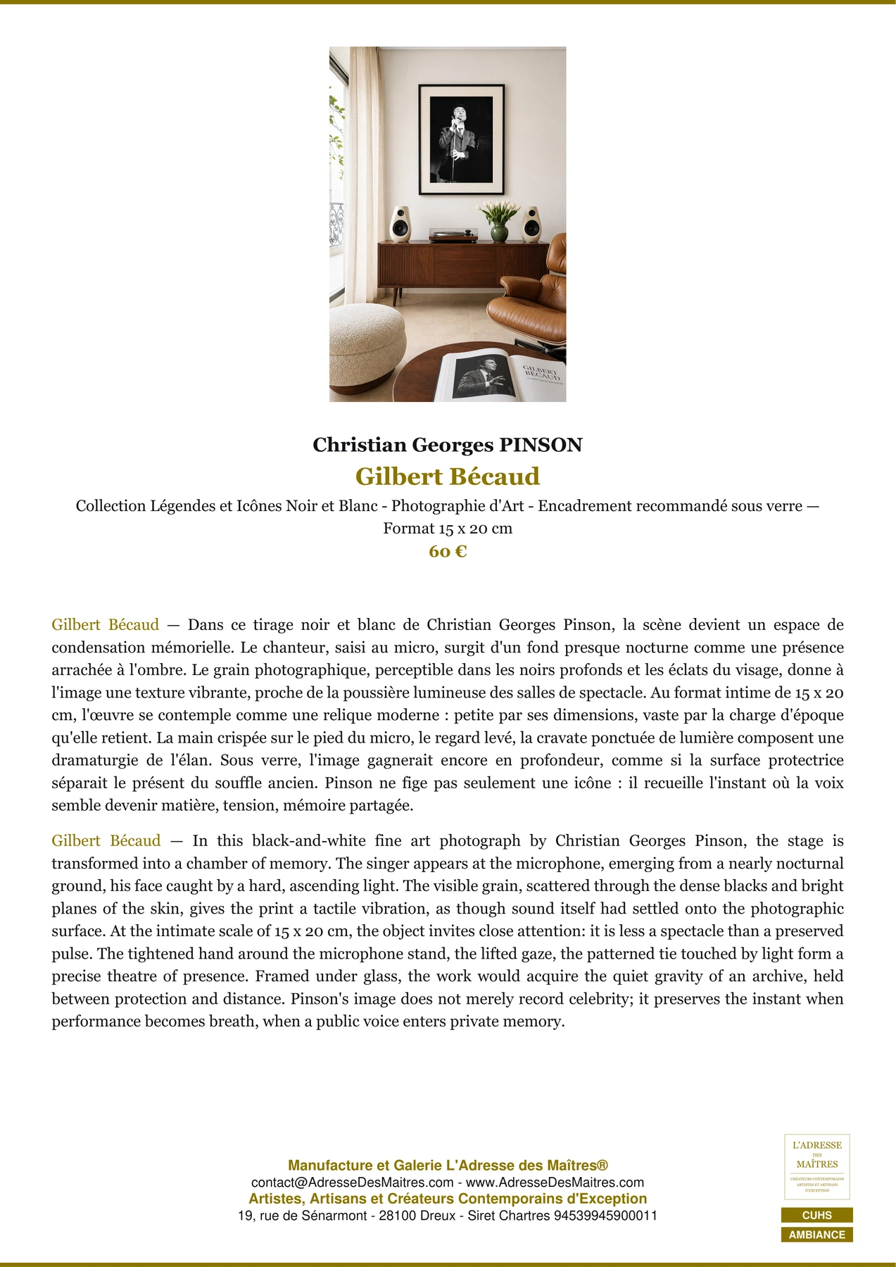 Fiche Premium Ambiance - Gilbert Bécaud - Christian Georges PINSON - L'Adresse des Maîtres®