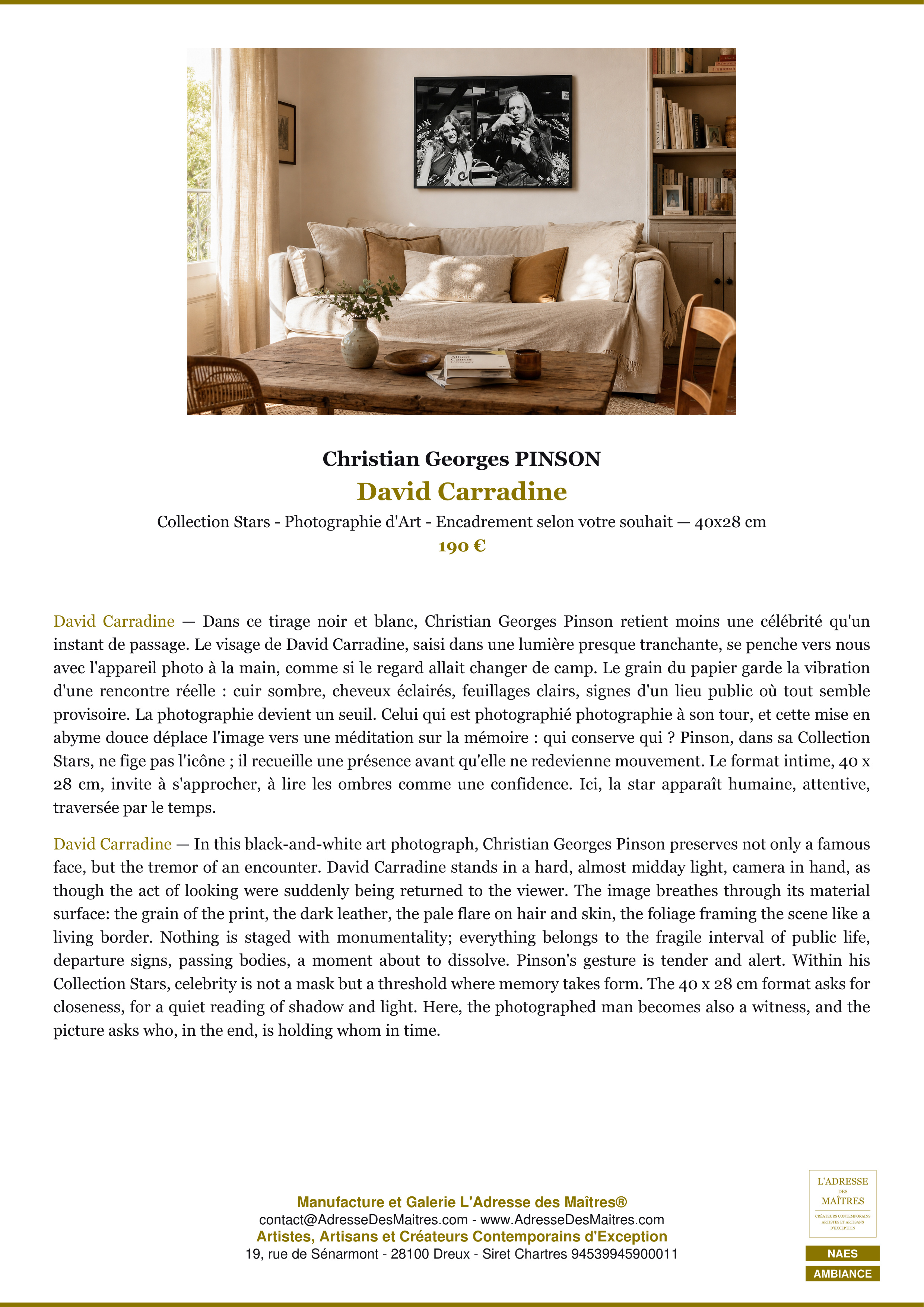 Fiche Premium Ambiance — David Carradine — Christian Georges PINSON — L'Adresse des Maîtres®