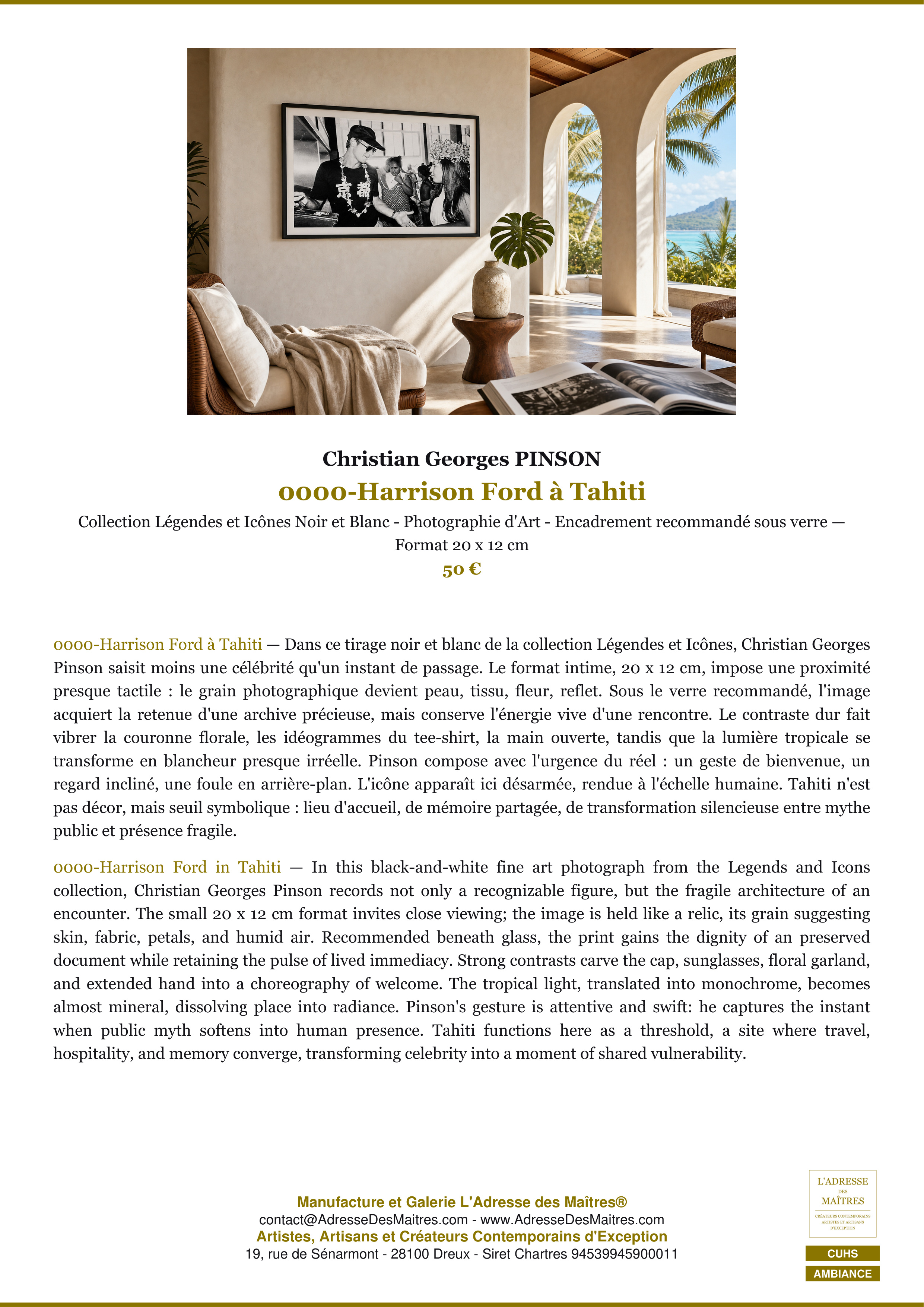 Fiche Premium Ambiance — 0000-Harrison Ford à Tahiti — Christian Georges PINSON — L'Adresse des Maîtres®