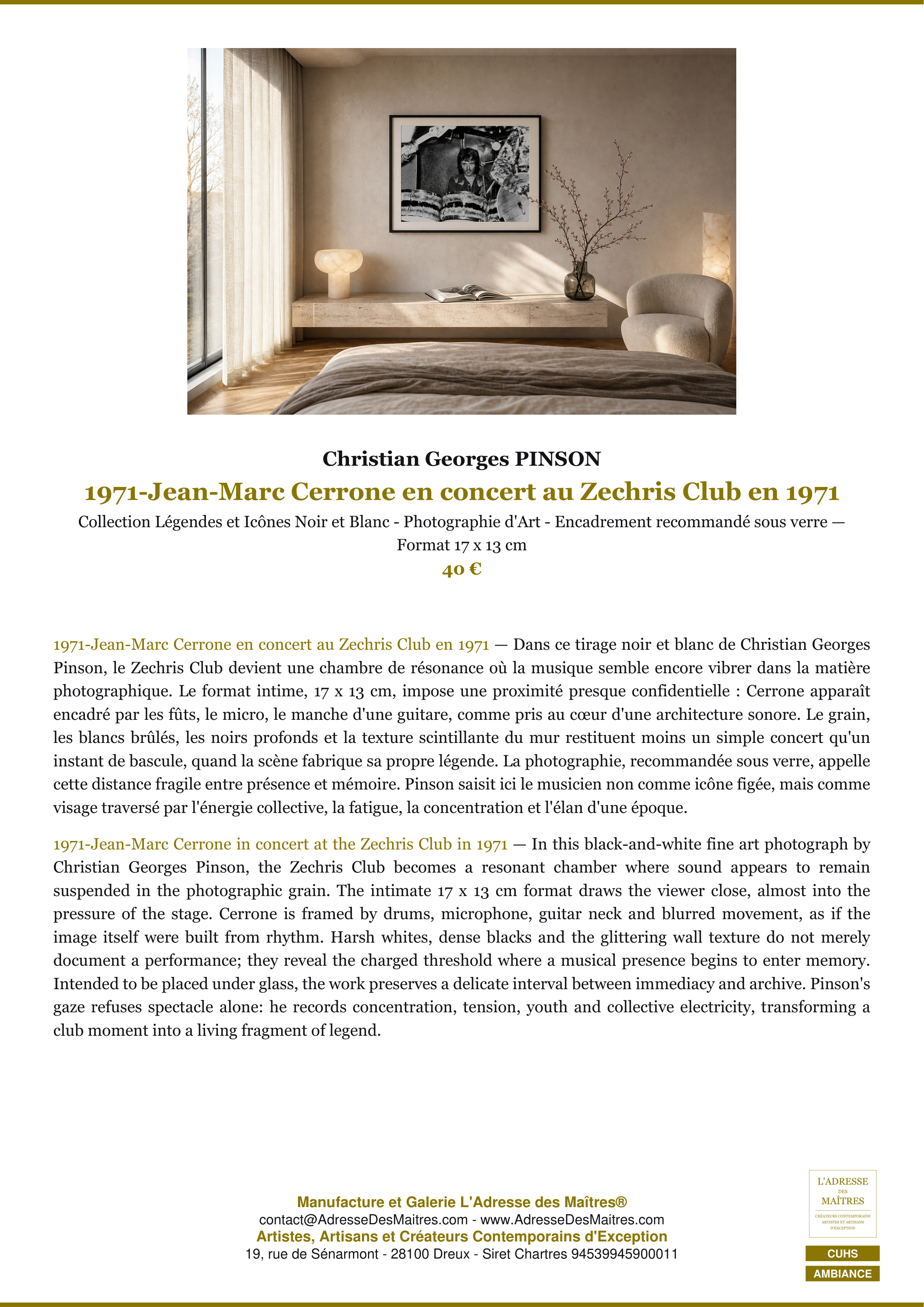 Fiche Premium Ambiance — 1971-Jean-Marc Cerrone en concert au Zechris Club en 1971 — Christian Georges PINSON — L'Adresse des Maîtres®