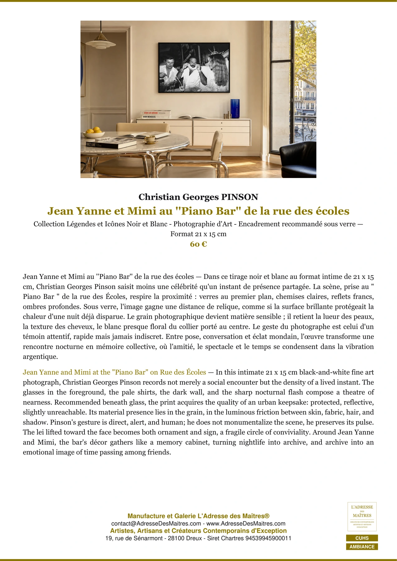 Fiche Premium Ambiance - Jean Yanne et Mimi  au ''Piano Bar'' de la rue des écoles - Christian Georges PINSON - L'Adresse des Maîtres®
