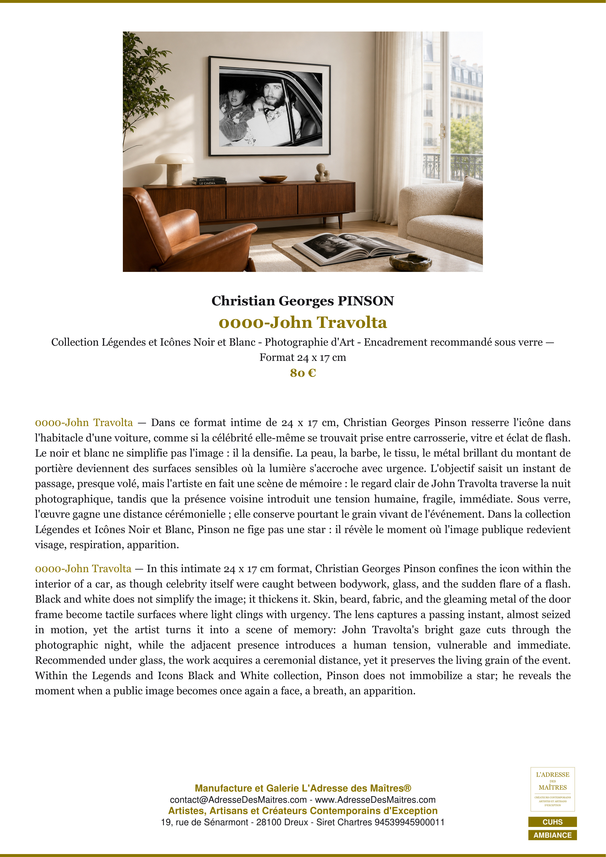 Fiche Premium Ambiance — 0000-John Travolta — Christian Georges PINSON — L'Adresse des Maîtres®
