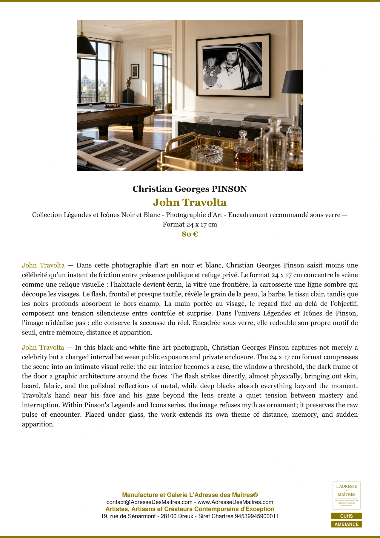 Fiche Premium Ambiance - John Travolta - Christian Georges PINSON - L'Adresse des Maîtres®