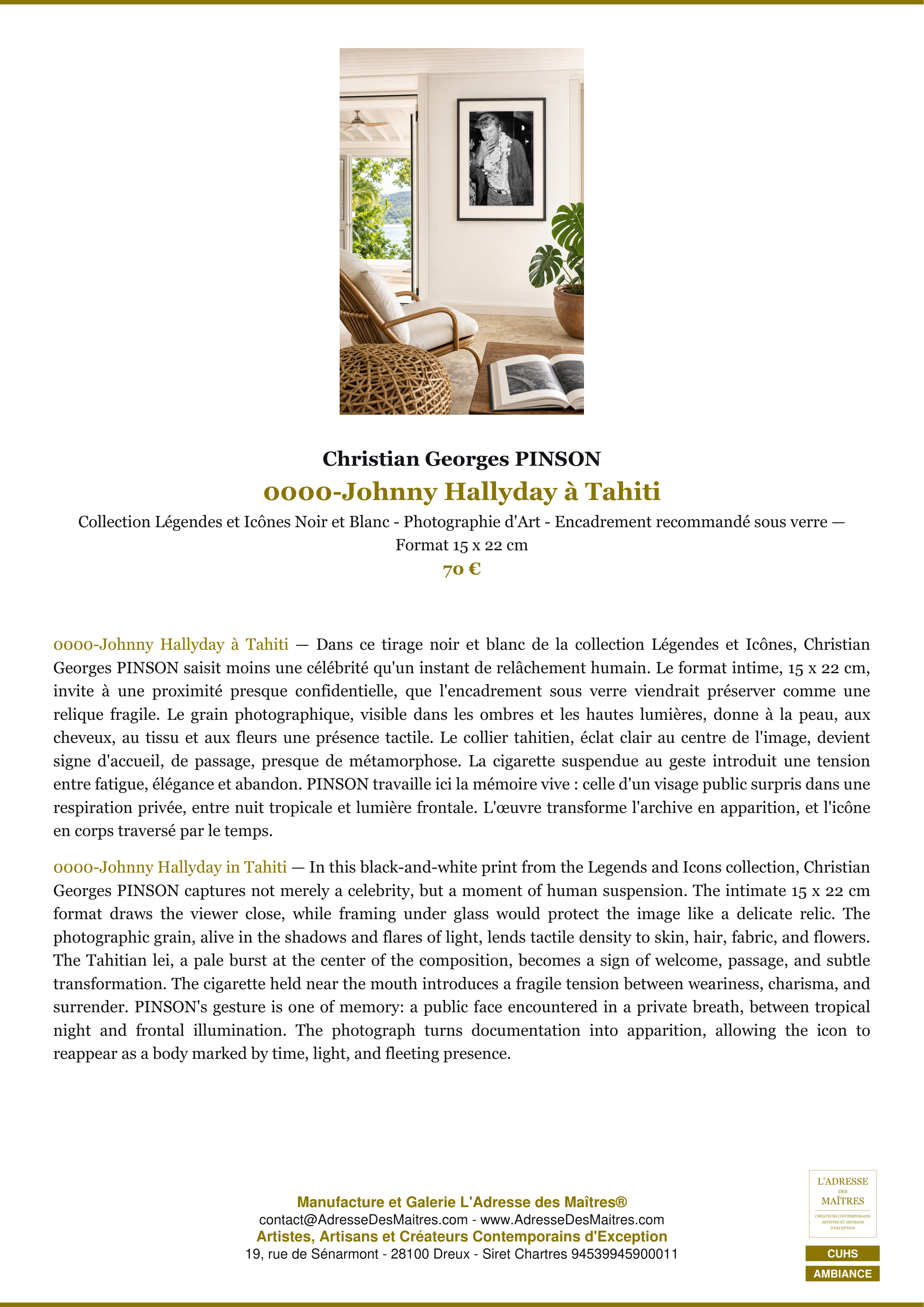 Fiche Premium Ambiance — 0000-Johnny Hallyday à Tahiti — Christian Georges PINSON — L'Adresse des Maîtres®