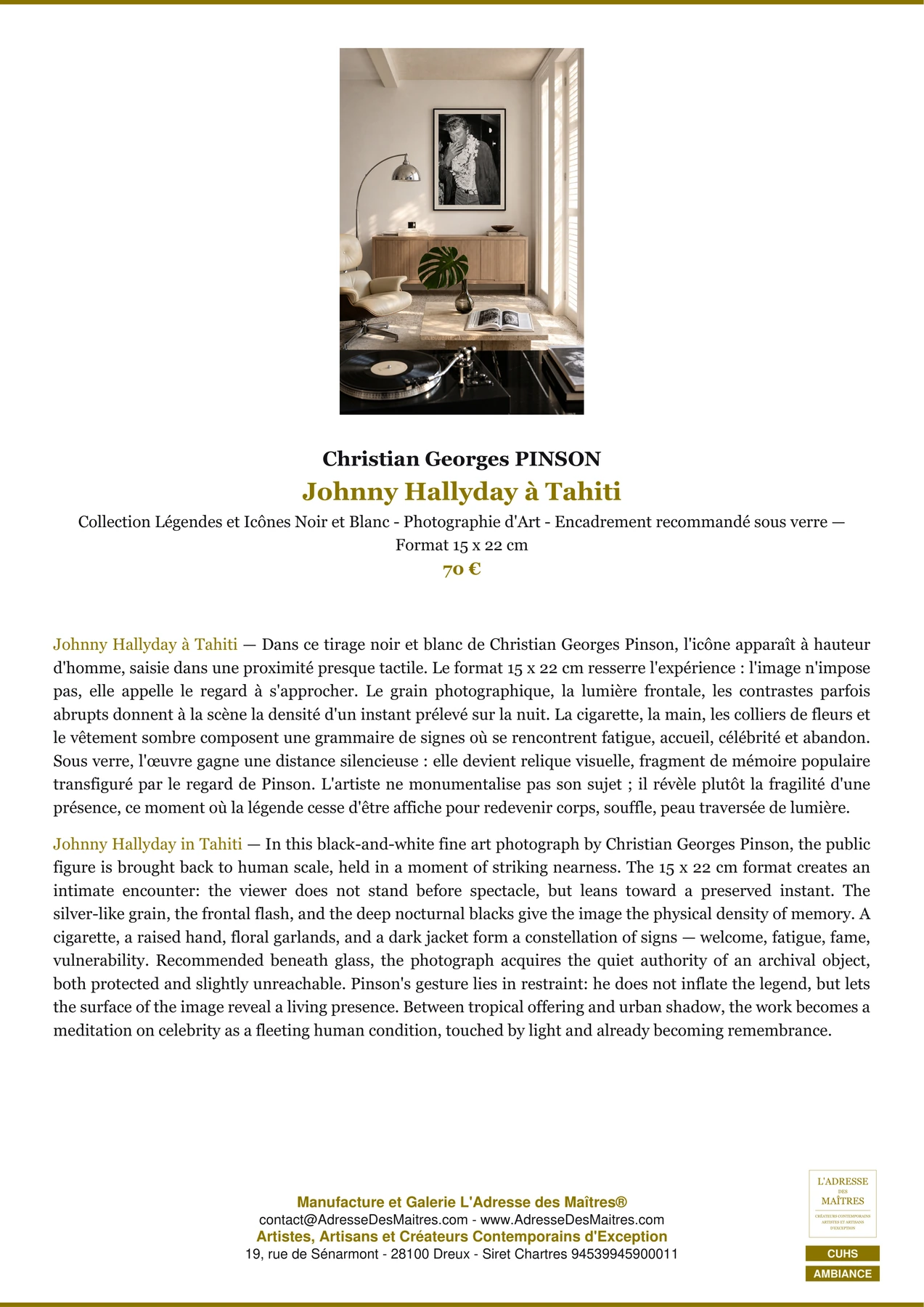 Fiche Premium Ambiance - Johnny Hallyday à Tahiti - Christian Georges PINSON - L'Adresse des Maîtres®