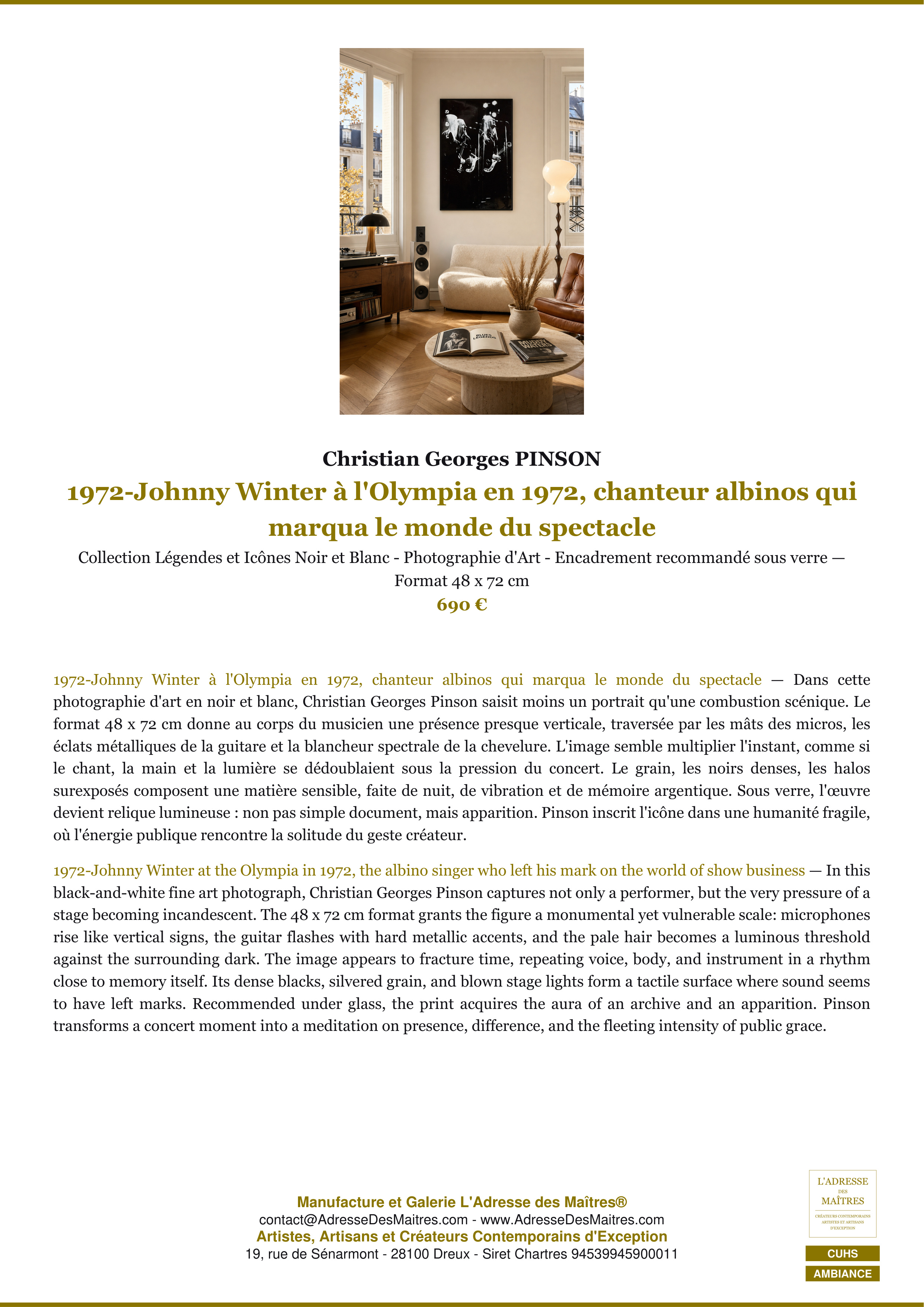 Fiche Premium Ambiance — 1972-Johnny Winter à l'Olympia en 1972, chanteur albinos qui marqua le monde du spectacle — Christian Georges PINSON — L'Adresse des Maîtres®