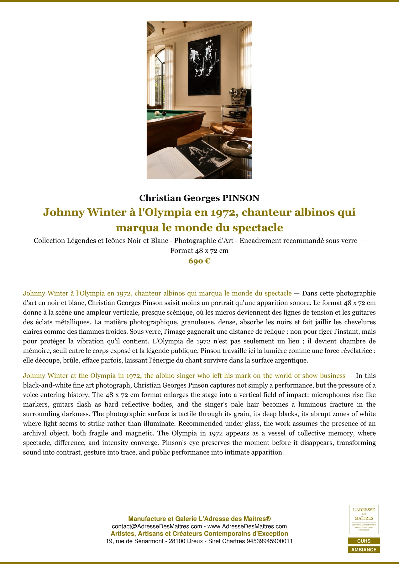Fiche Premium Ambiance - Johnny Winter à l'Olympia en 1972, chanteur albinos qui marqua le monde du spectacle - Christian Georges PINSON - L'Adresse des Maîtres®