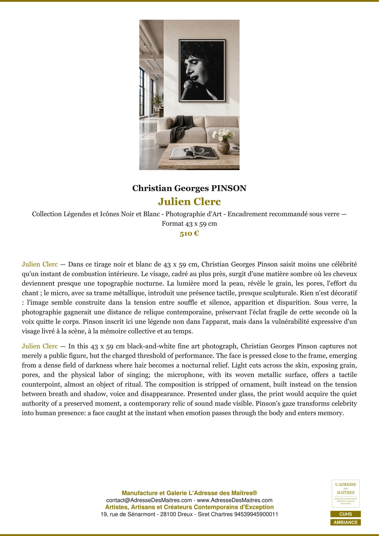 Fiche Premium Ambiance - Julien Clerc - Christian Georges PINSON - L'Adresse des Maîtres®