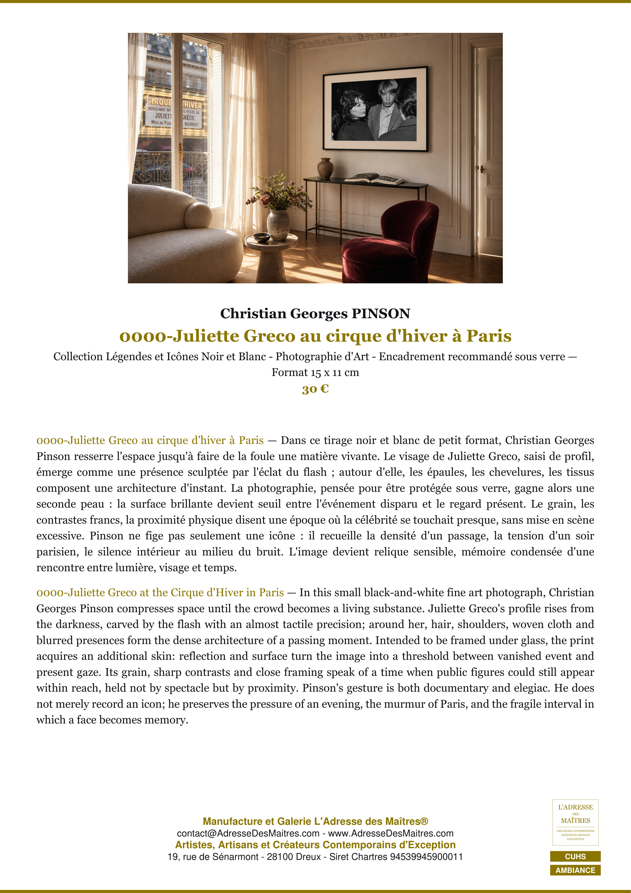 Fiche Premium Ambiance — 0000-Juliette Greco au cirque d'hiver à Paris — Christian Georges PINSON — L'Adresse des Maîtres®