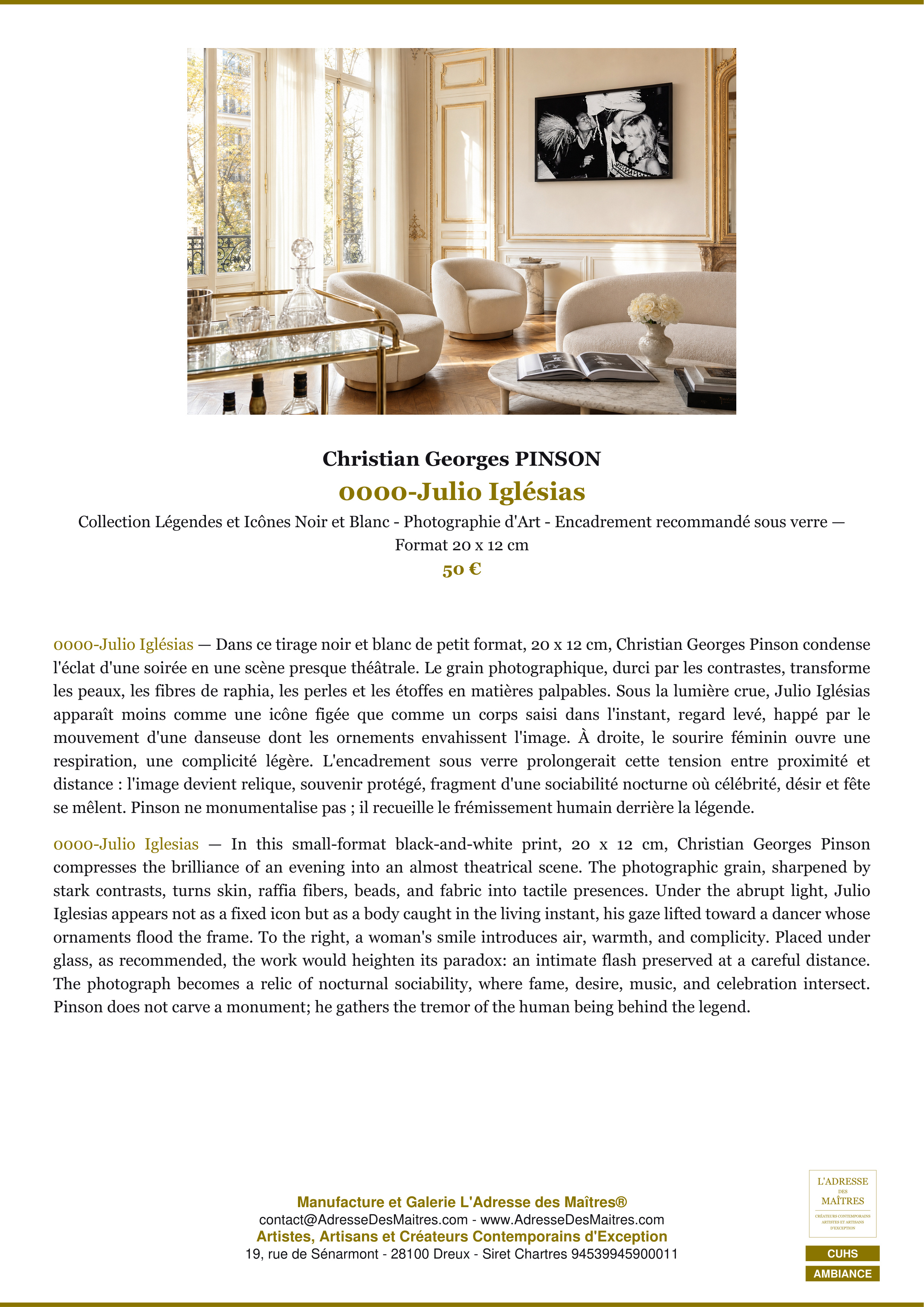 Fiche Premium Ambiance — 0000-Julio Iglésias — Christian Georges PINSON — L'Adresse des Maîtres®