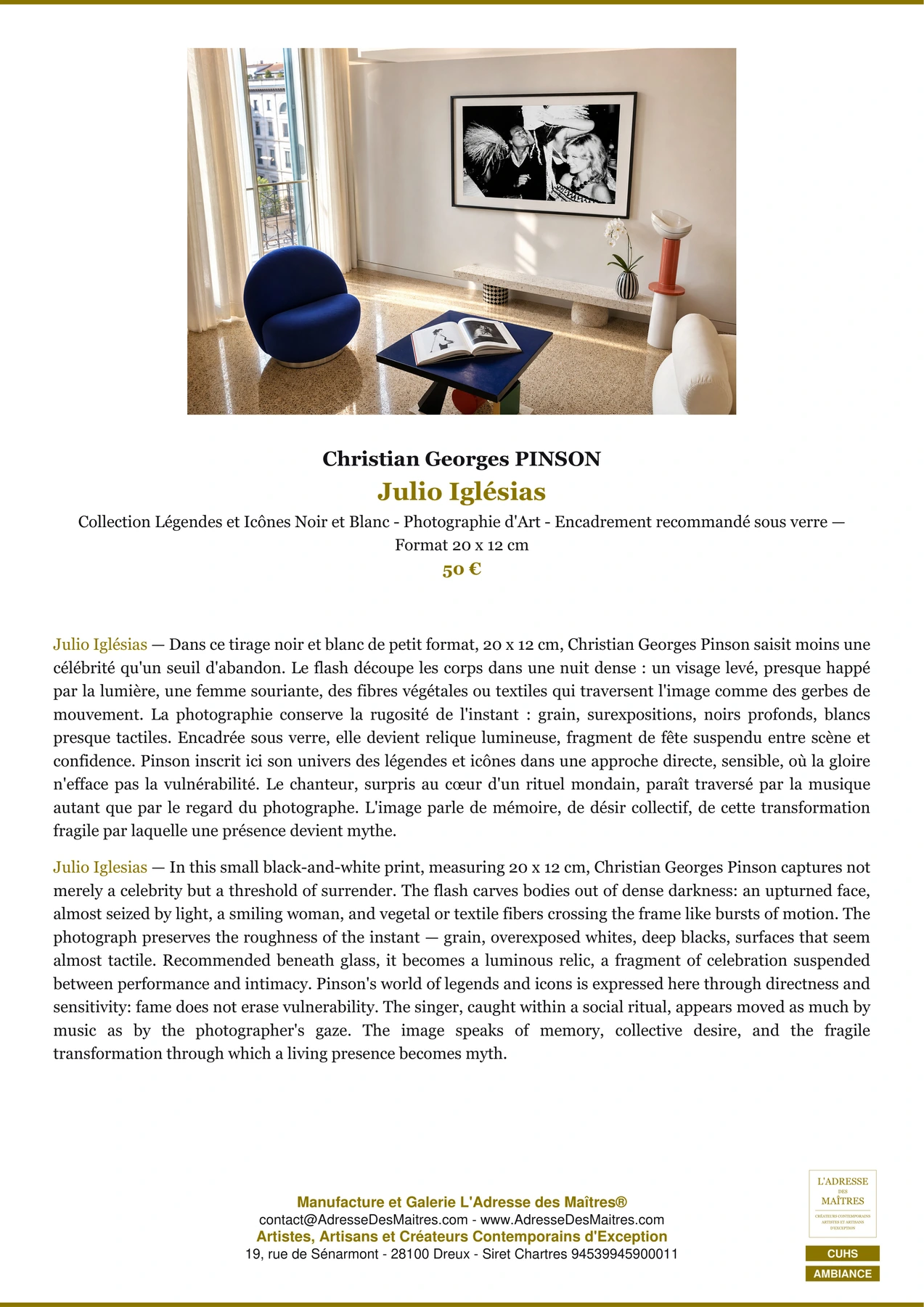 Fiche Premium Ambiance - Julio Iglésias - Christian Georges PINSON - L'Adresse des Maîtres®